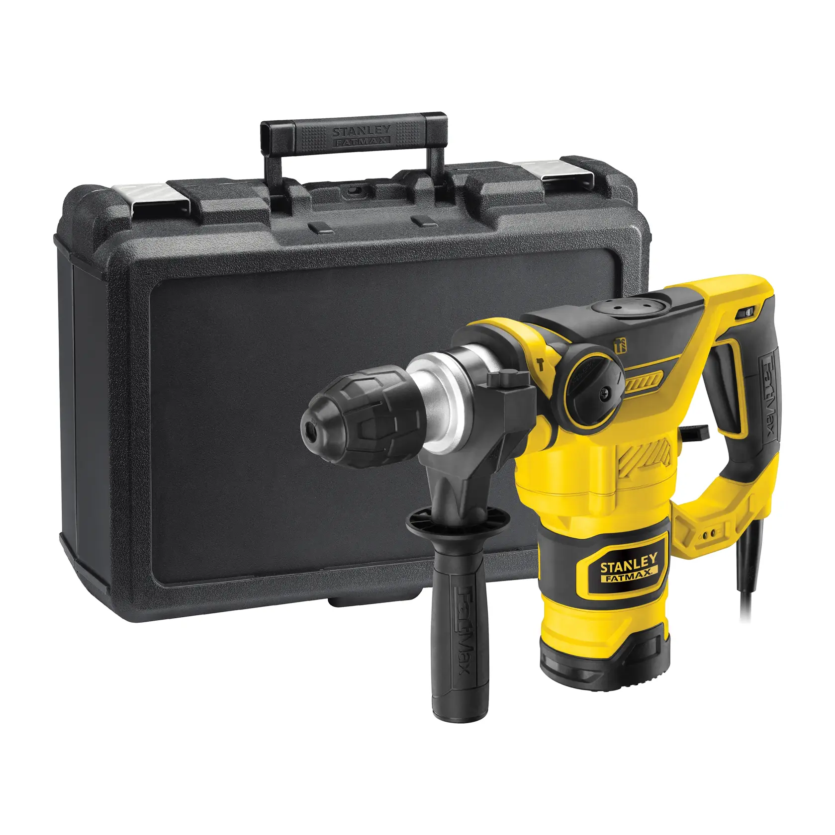 Stanley yellow rotary hammer drill with black carrying case.