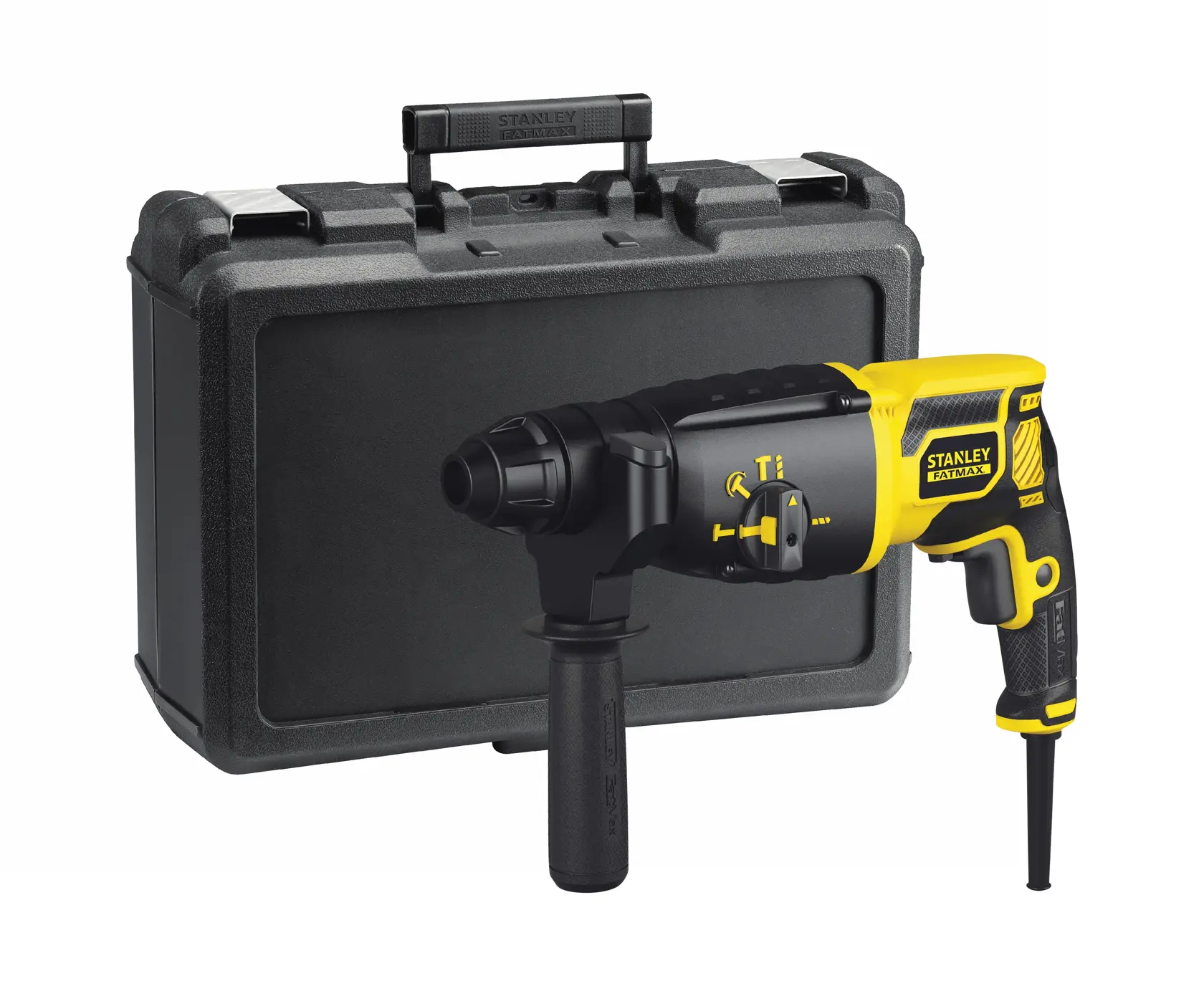 STANLEY FME500K rotary hammer drill with side handle, yellow and black, shown with black carrying case, front angle.