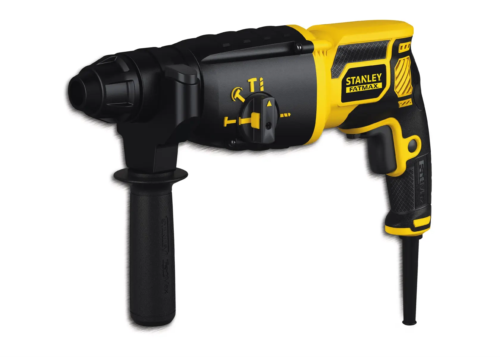 STANLEY FME500K corded rotary hammer drill with side handle, black and yellow, left side view on white background.