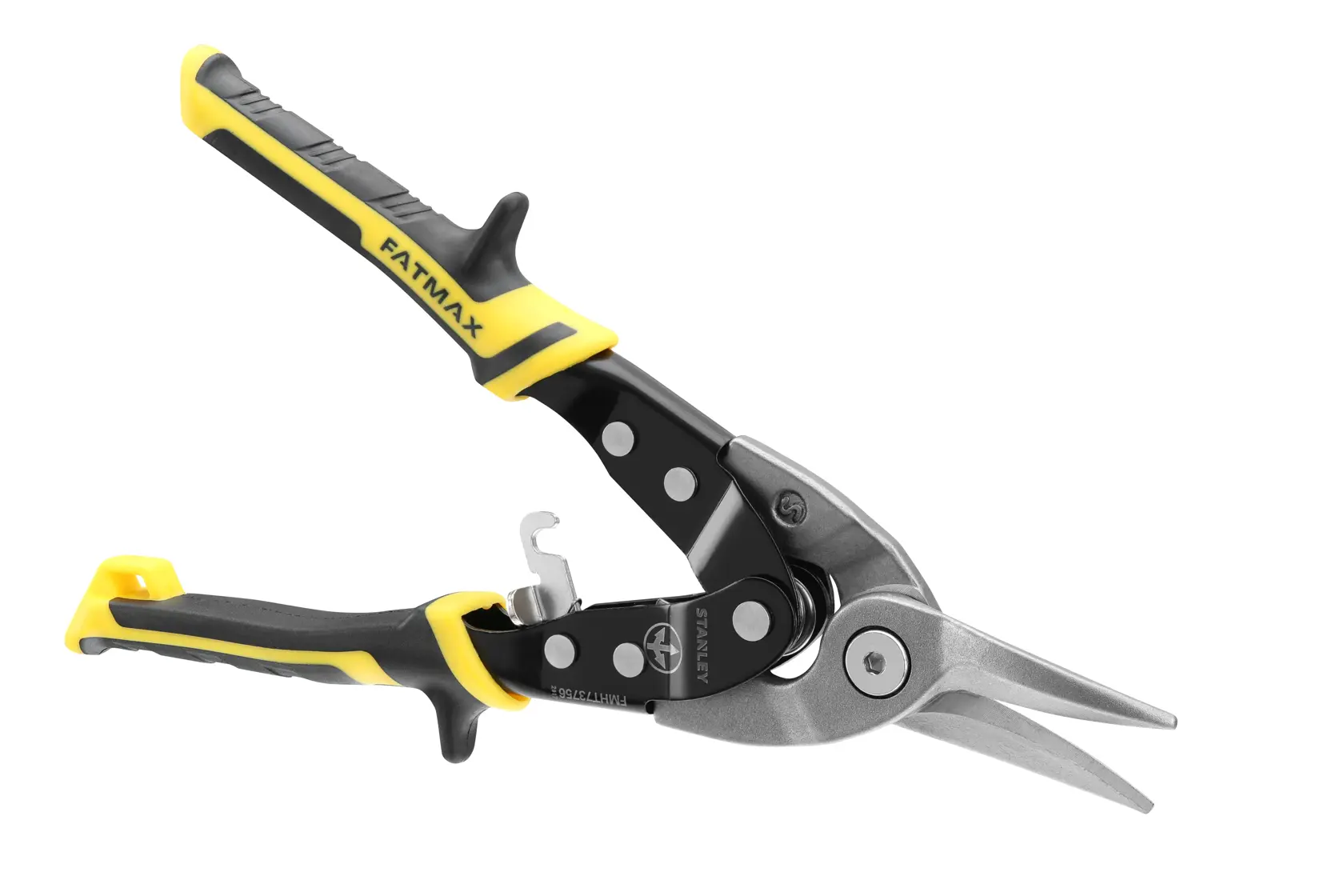 STANLEY FMHT-73556 aviation snips with yellow and black handles, angled side view on white background.