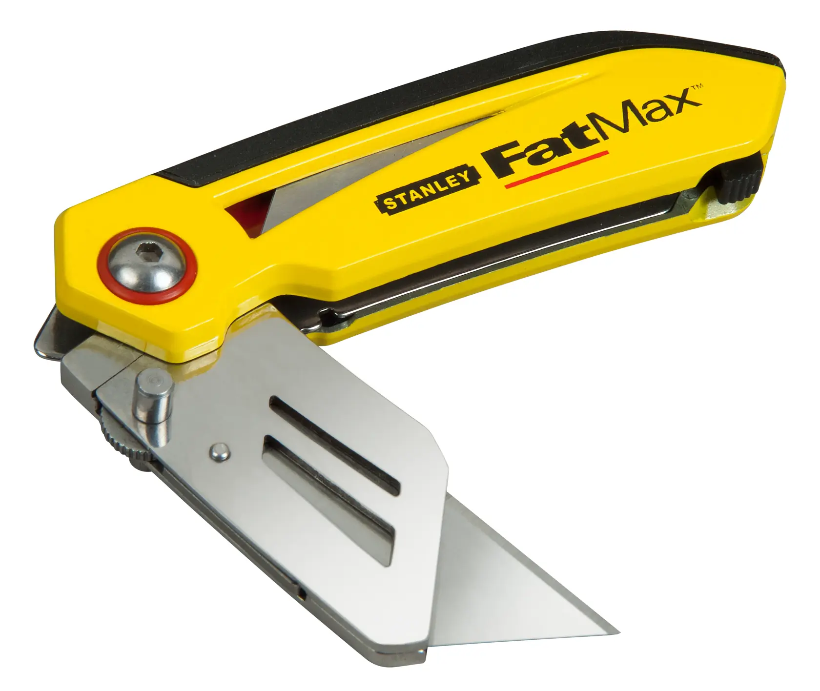 Photo of STANLEY FMHT0-10827 folding utility knife with yellow handle, silver blade, side angle on white background.