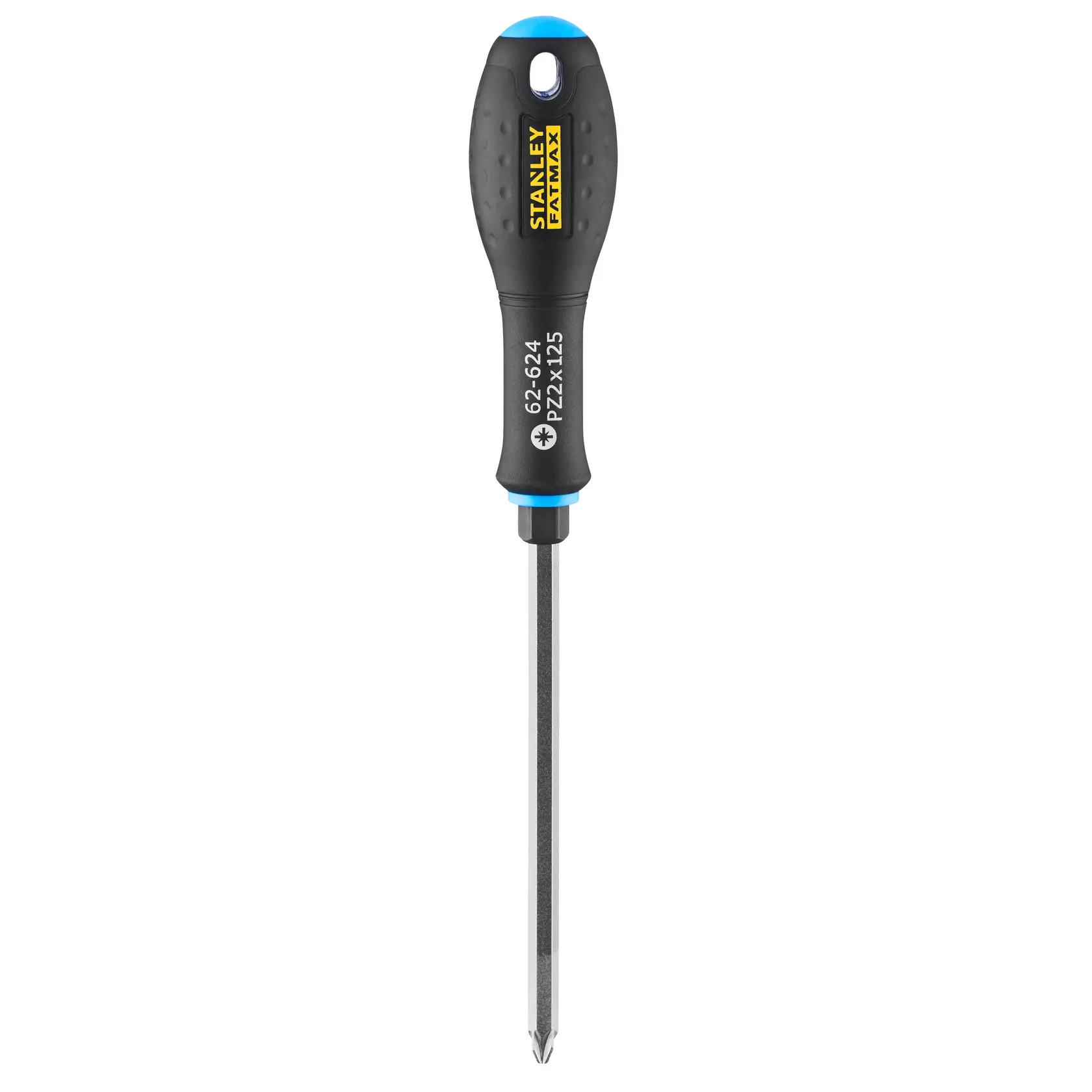 STANLEY FMHT0-62624 PZ2x125 screwdriver with black and blue handle, front angle on white background.