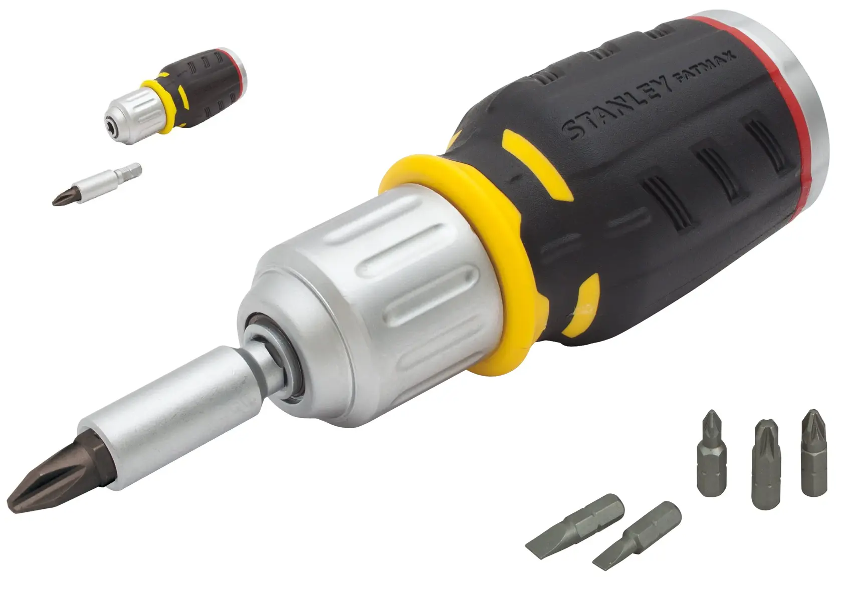 Stanley ratchet screwdriver with ergonomic handle and multiple interchangeable bits displayed.
