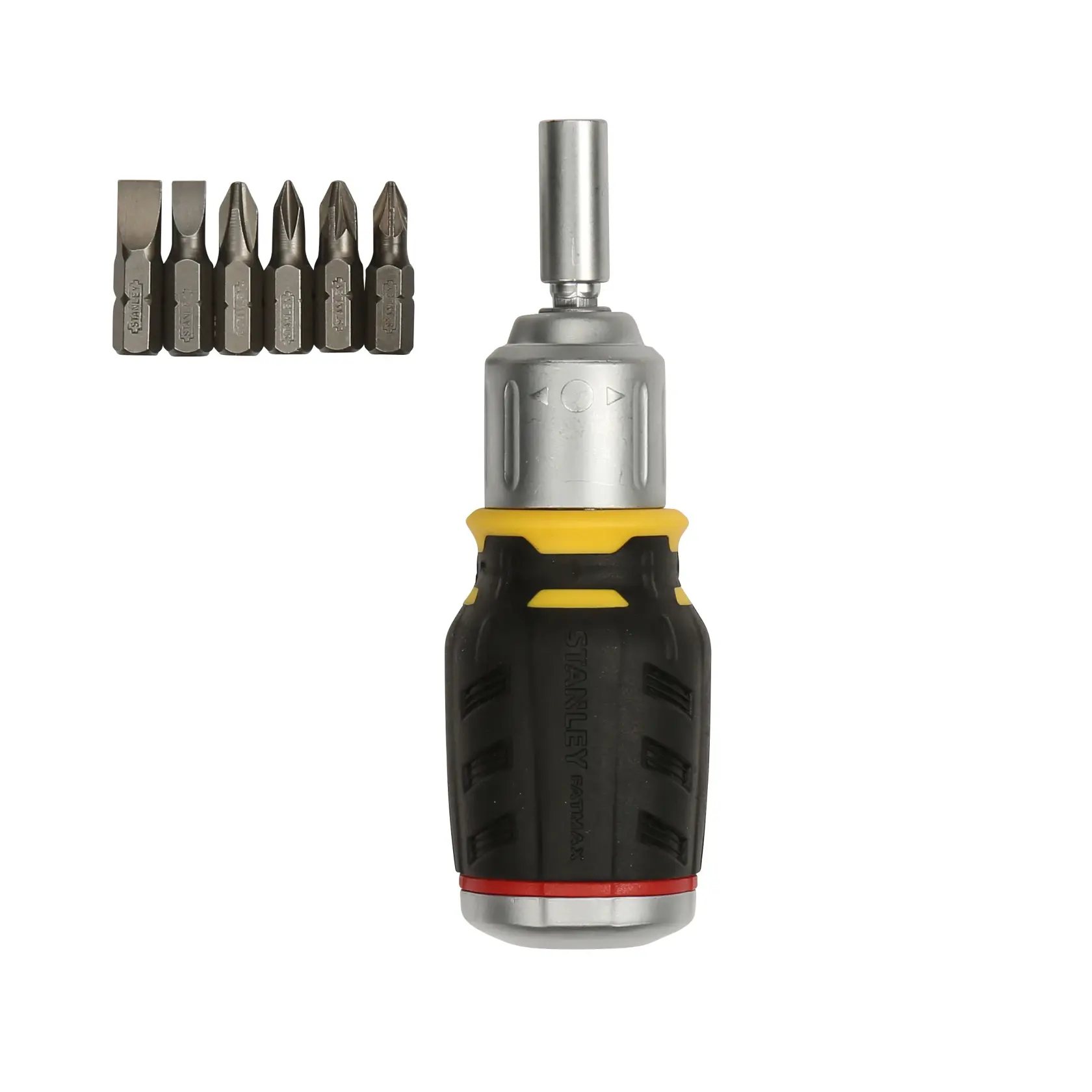 STANLEY FMHT0-62688 ratcheting screwdriver with six interchangeable bits, front view on white background.