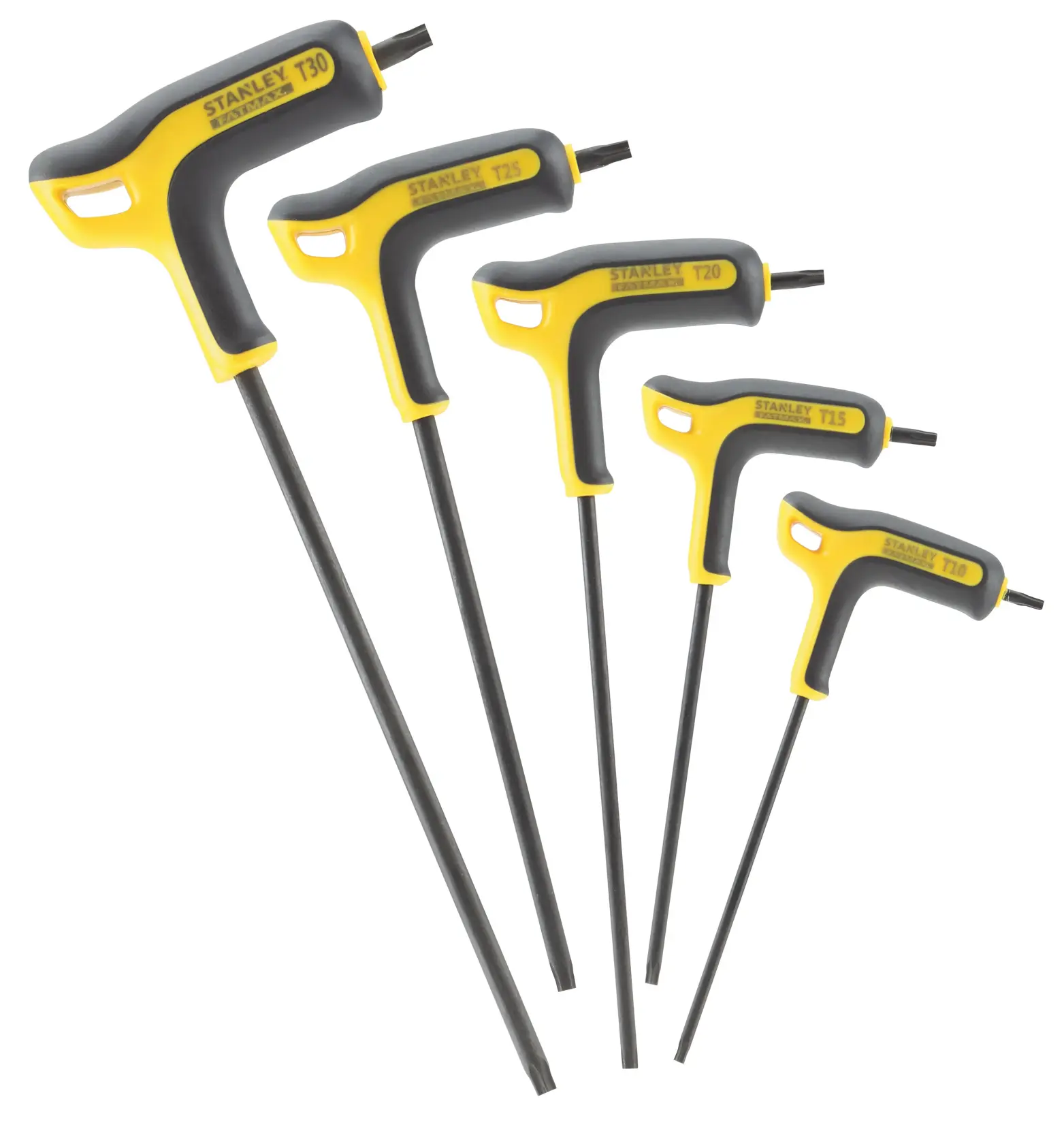 Stanley T-handle Torx key set, five sizes, black and yellow, for tightening or loosening screws.
