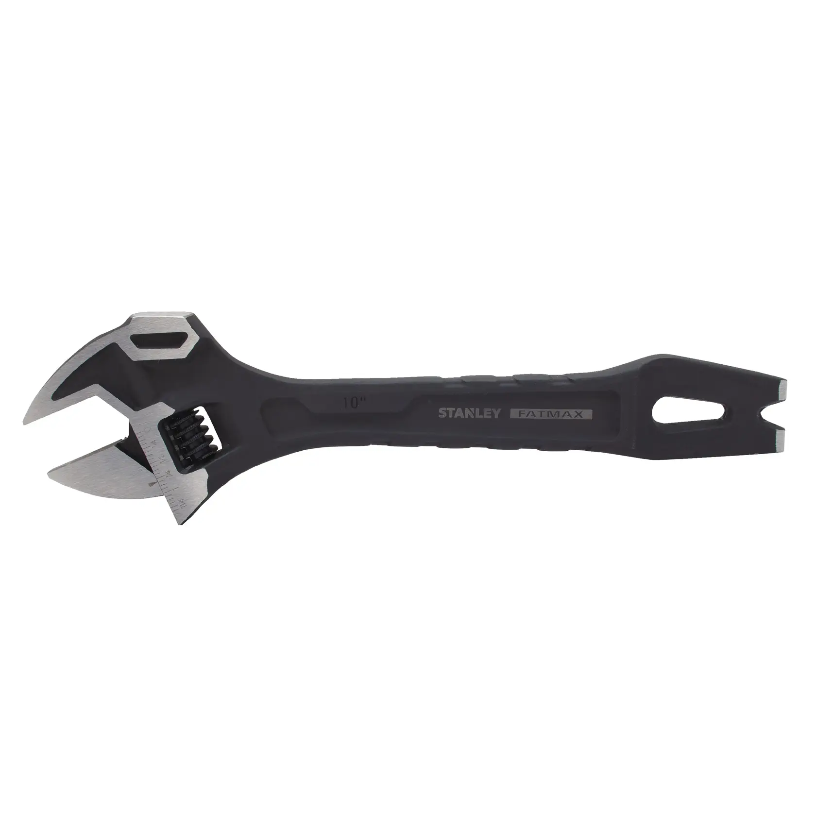 STANLEY adjustable wrench with black handle, labeled FatMax, 10 inch, for tightening and loosening nuts.