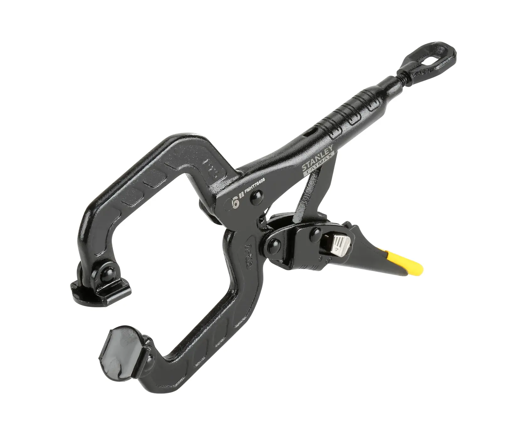 Stanley FMHT0-75408 metal clamp with trigger handle and swivel jaws for secure material holding.