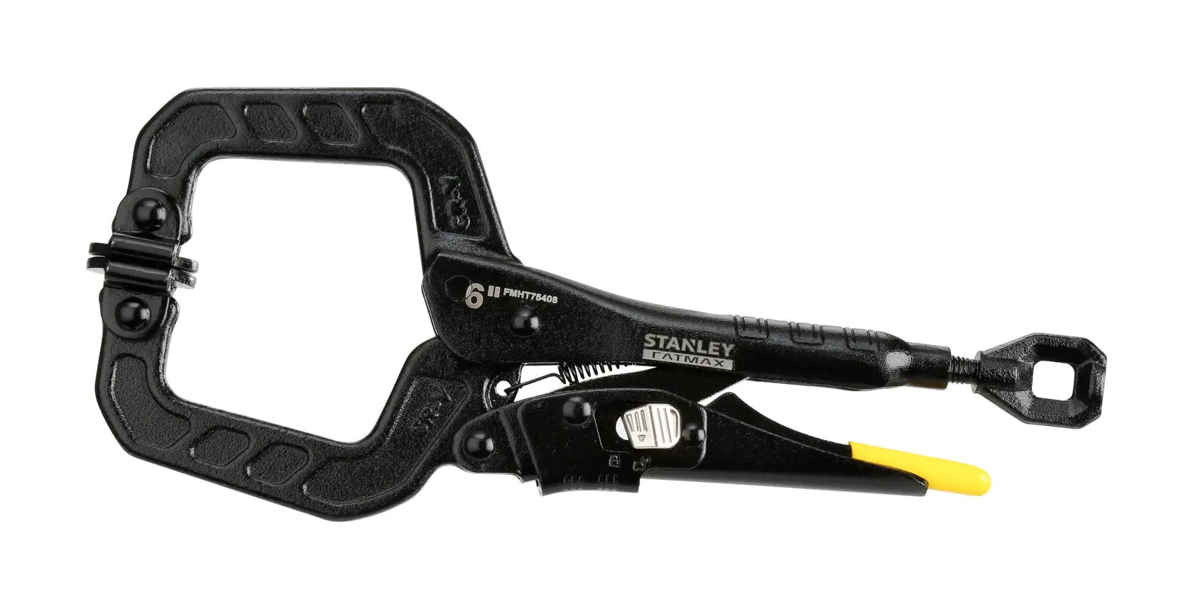 Stanley FATMAX 6-inch locking clamp tool with a square jaw and ergonomic handle, shown on a white background.