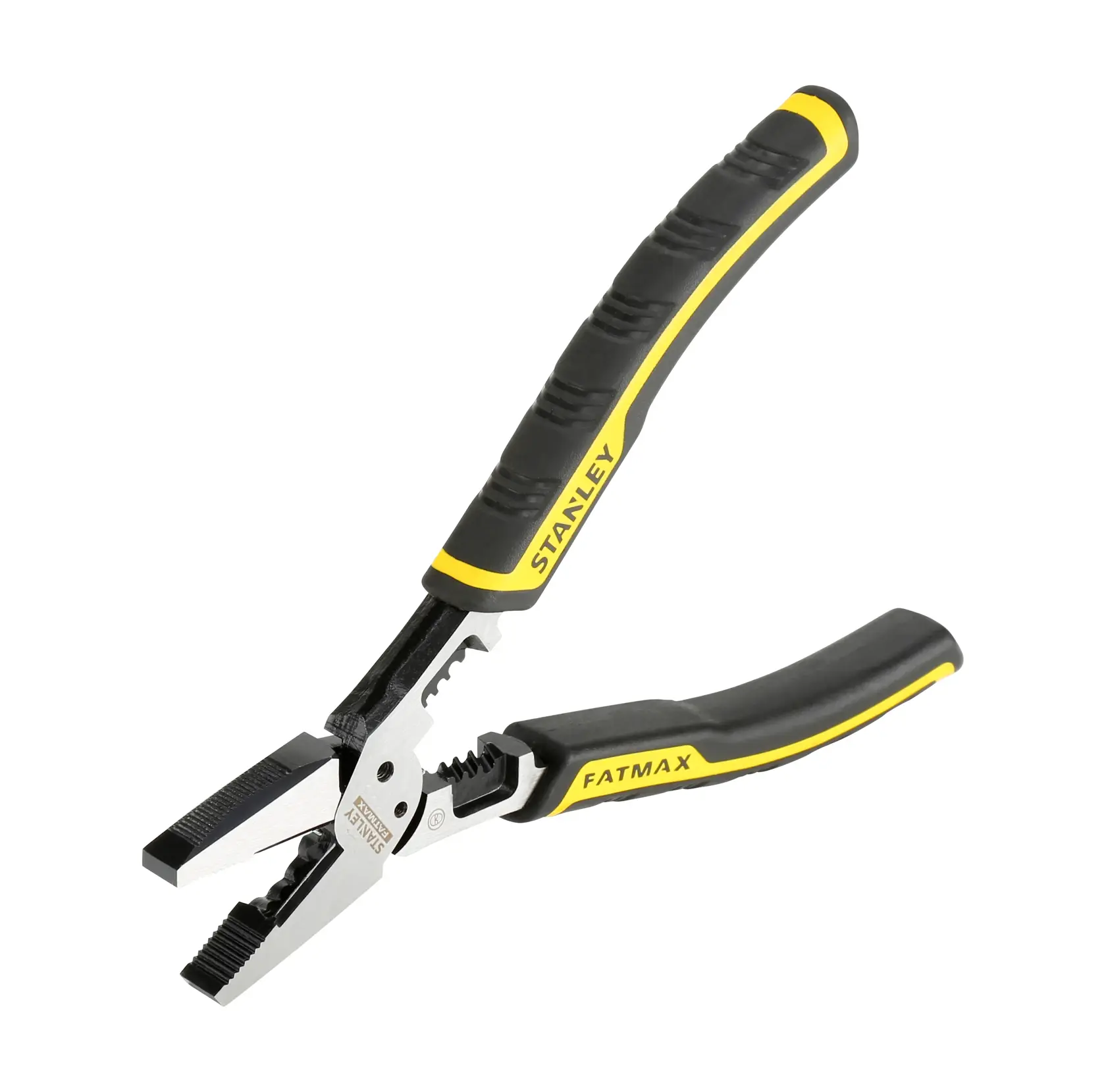 Photo of STANLEY FMHT0-75469 pliers, black and yellow handle, angled view, tool category.