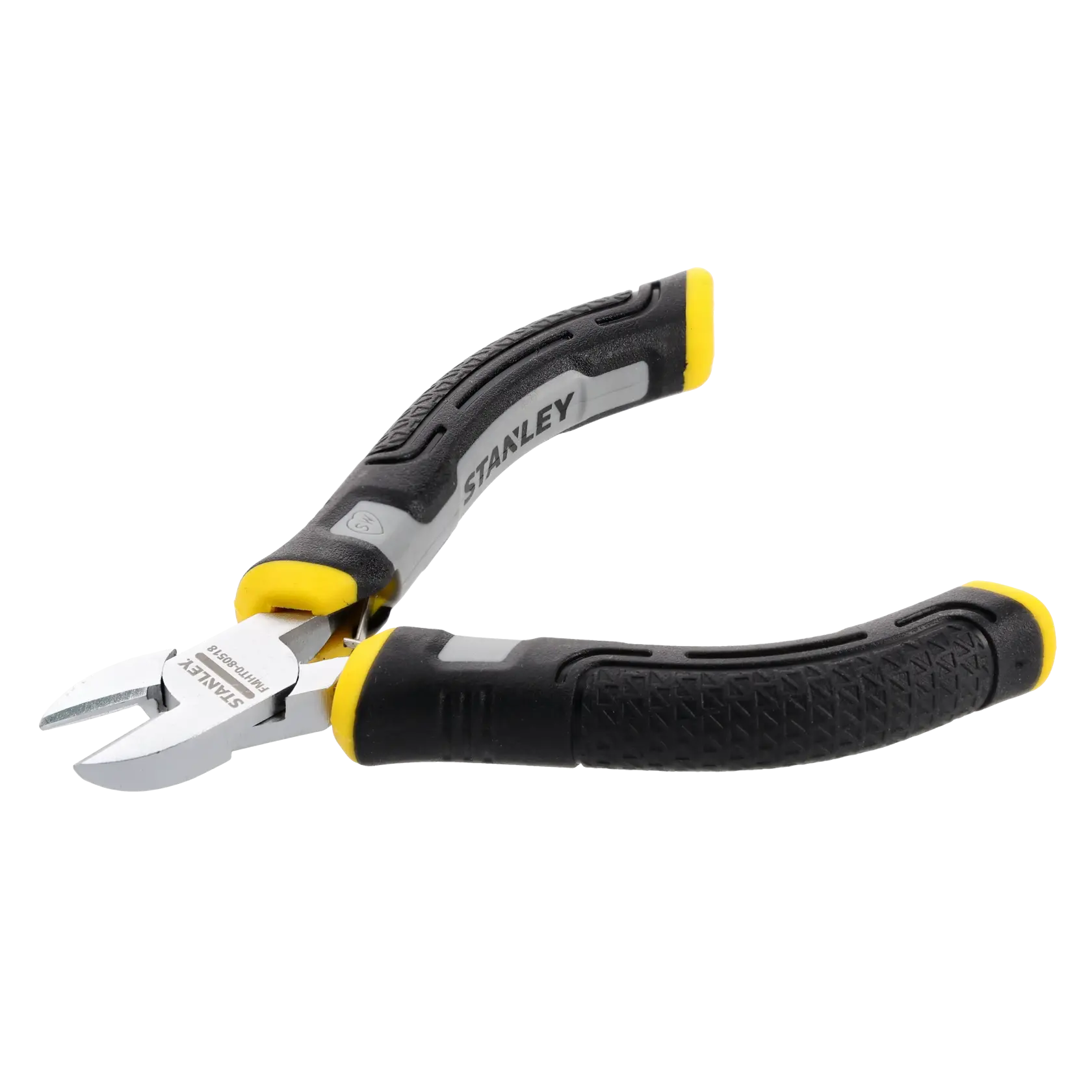 A pair of STANLEY diagonal cutting pliers with black and yellow ergonomic handles.