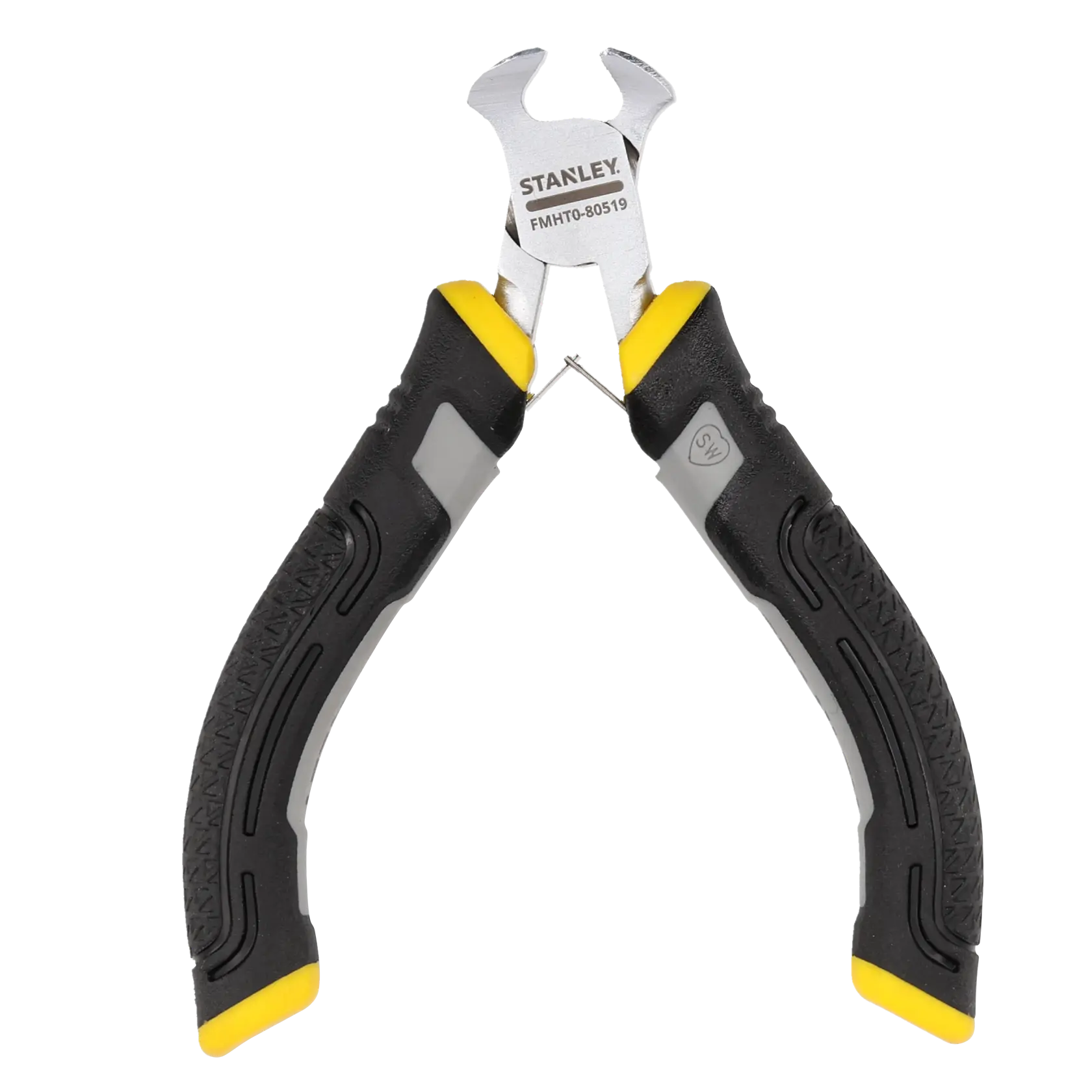 STANLEY FMHT0-80519 wire cutter pliers, black and yellow handles, front angle on white background.
