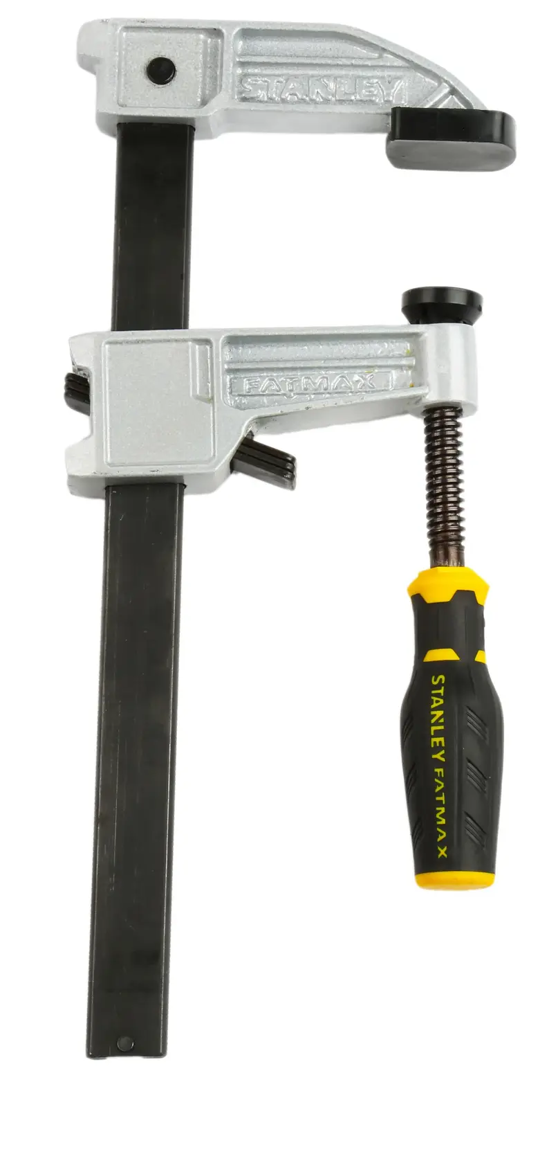 STANLEY FMHT0-83244 bar clamp with black and yellow handle, front angle on white background.