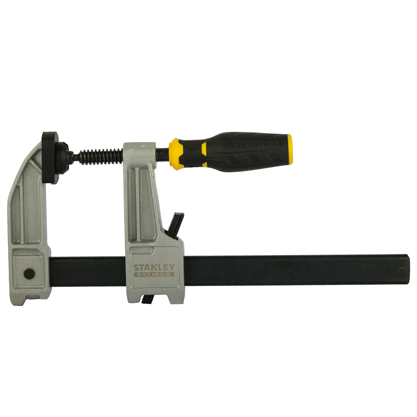 STANLEY FMHT0-83244 bar clamp with black and yellow handle, side view on white background.