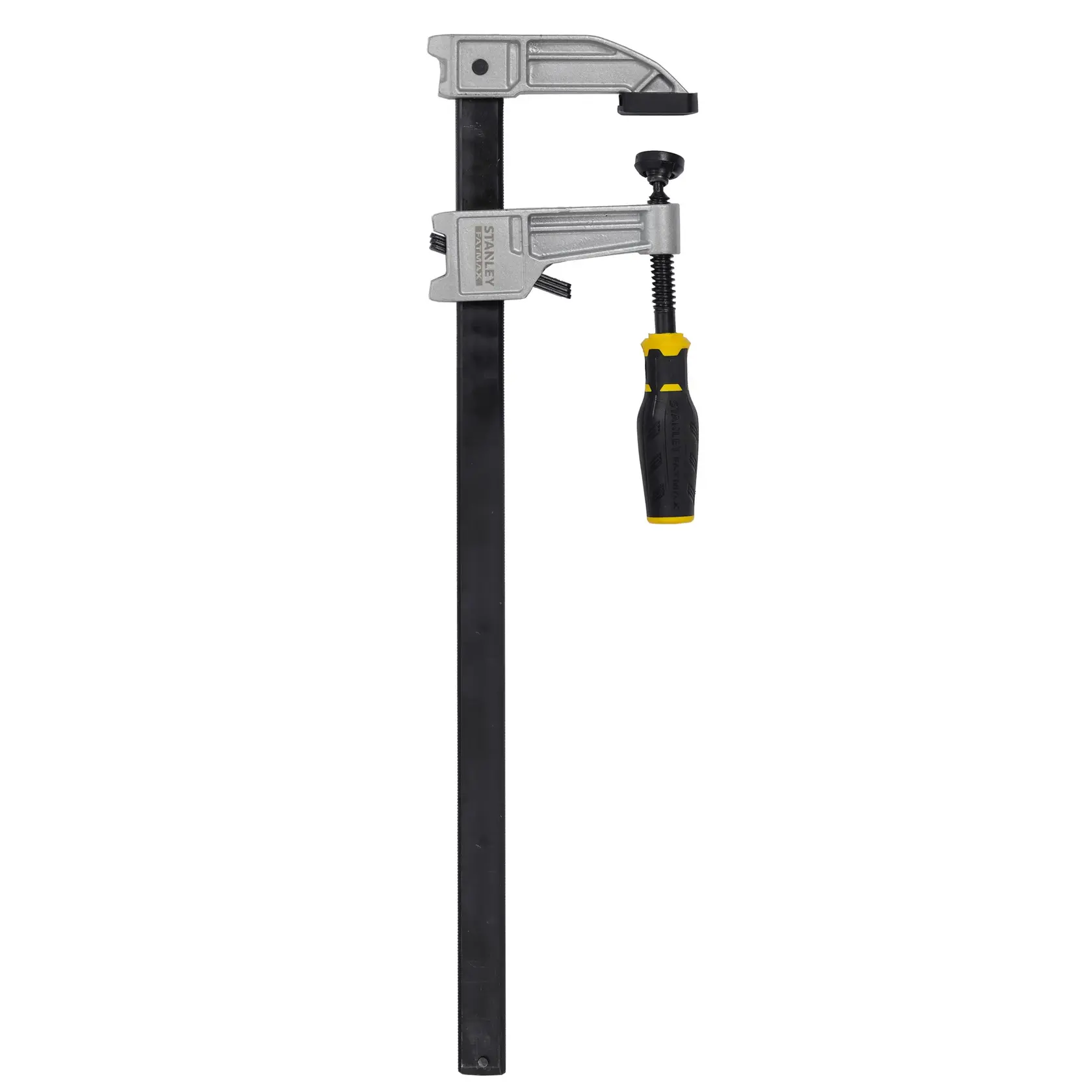 STANLEY FMHT0-83245 photography of metal bar clamp with black and yellow handle, front angle on white background.