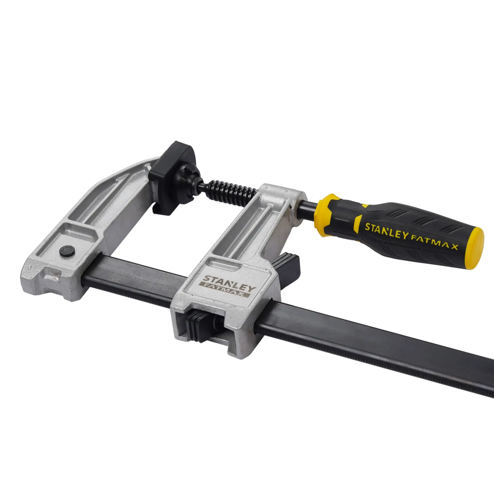 STANLEY FMHT0-83245 bar clamp with silver body, black and yellow handle, side view on white background.