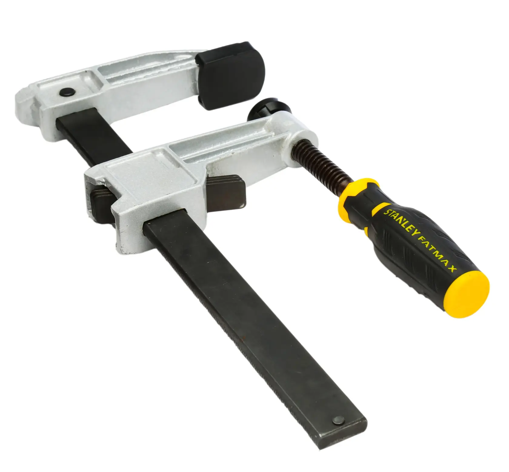 Stanley Fatmax bar clamp with metal body and yellow-black handle for woodworking or photography support.