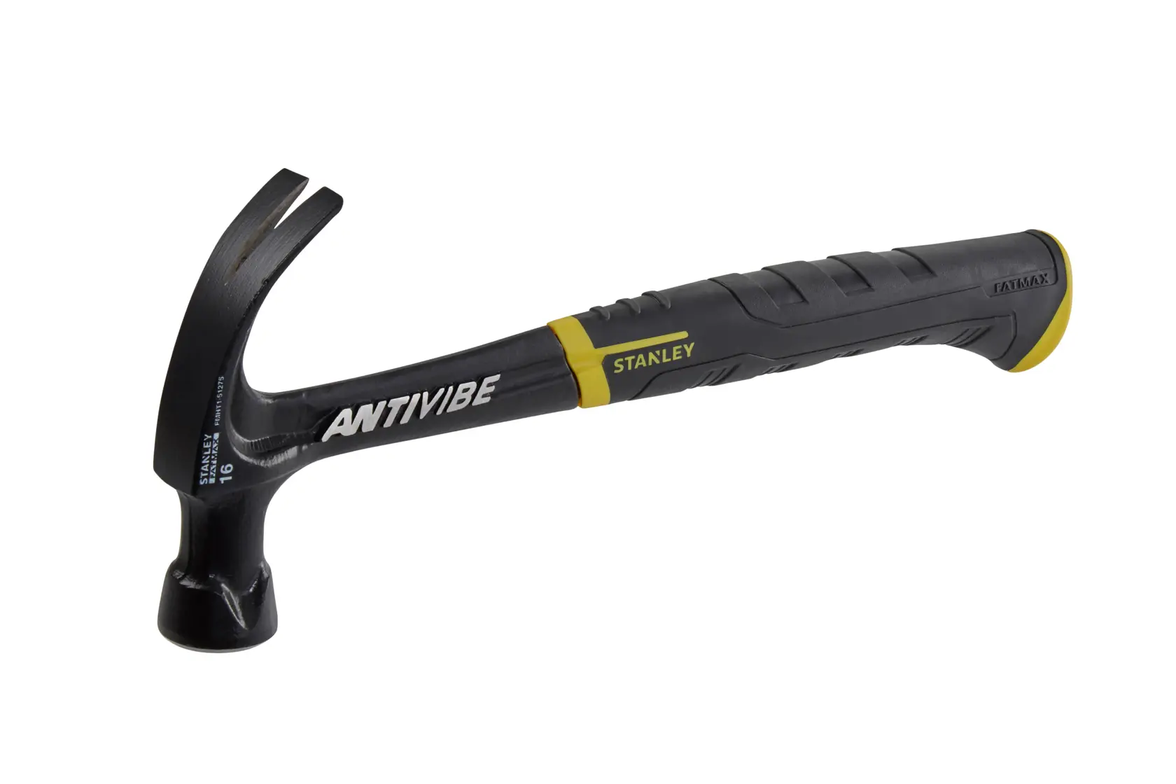 Photo of STANLEY FMHT1-51275 claw hammer with black and yellow anti-vibration handle, side angle, white background.