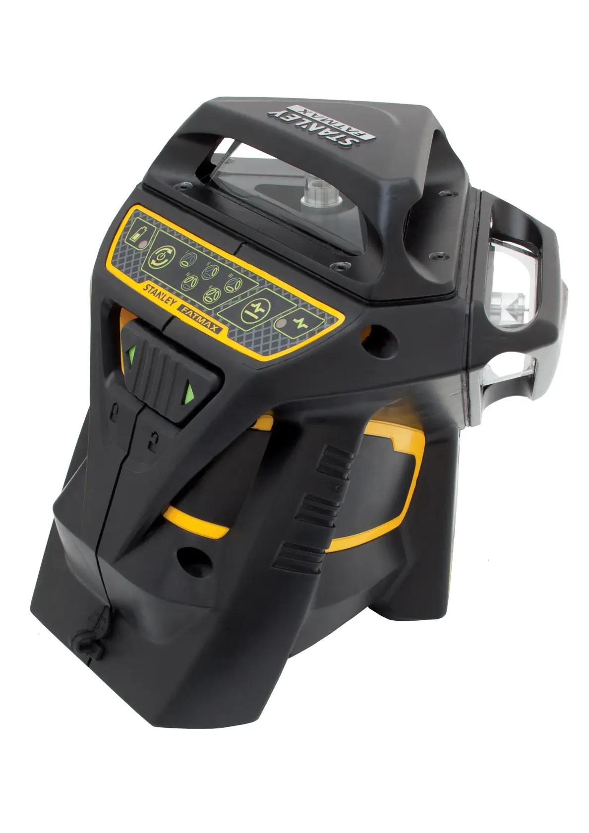 Stanley digital laser level tool with control buttons and handle, used for precise alignment in photography.