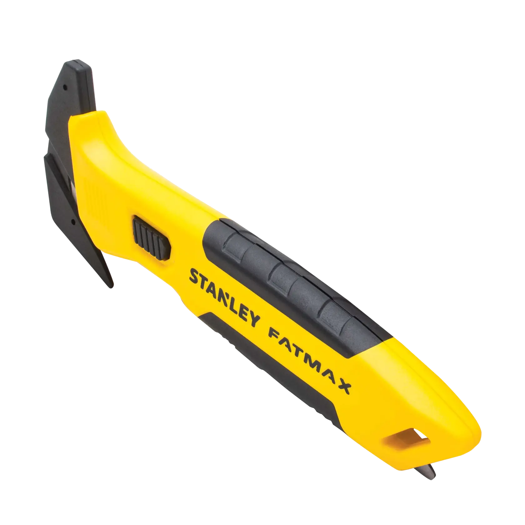 STANLEY FMHT10358-0 utility knife with yellow and black handle, side angle on white background.