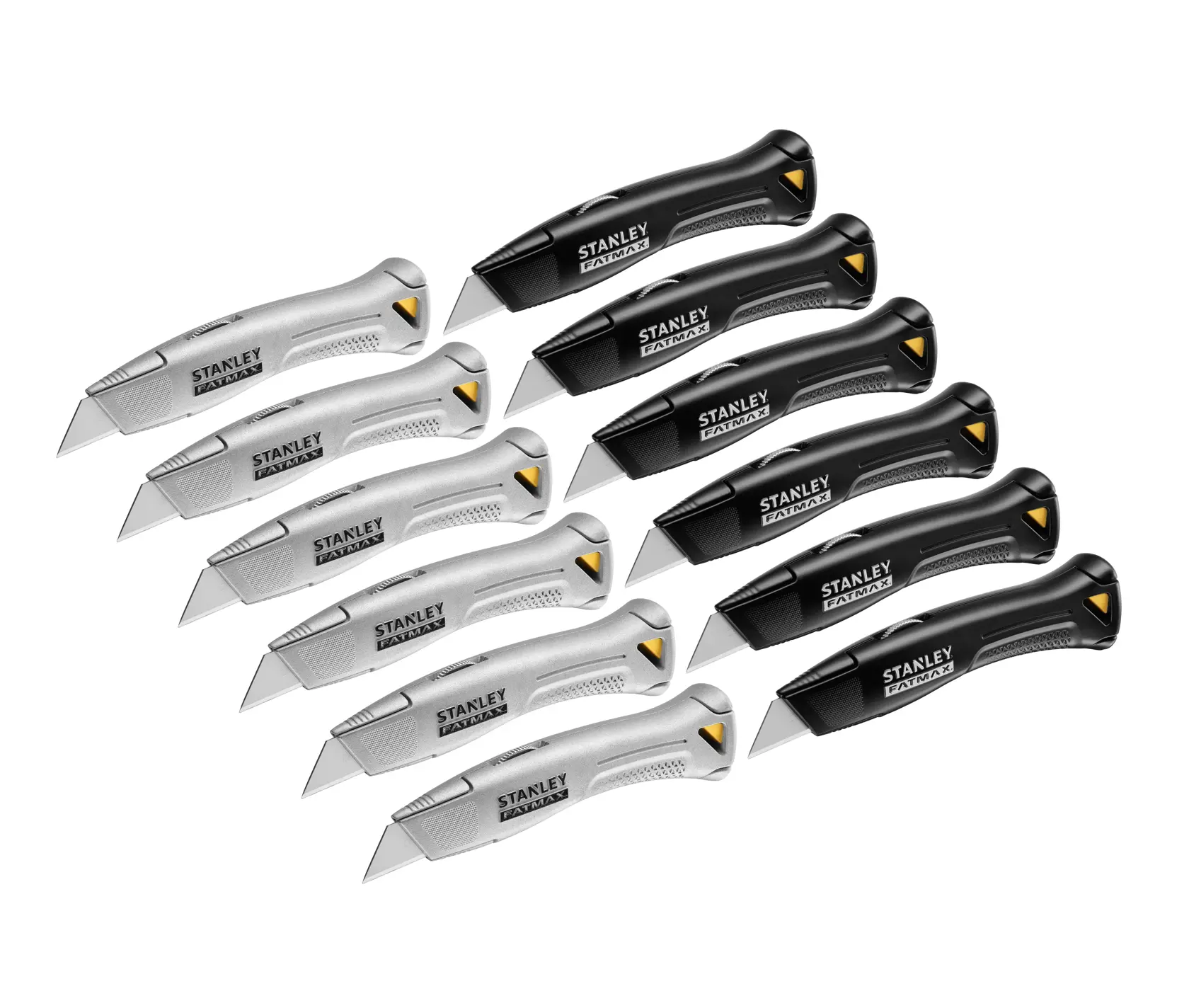 Photo of STANLEY FMHT10502-9 utility knives in silver and black, angled on white background.