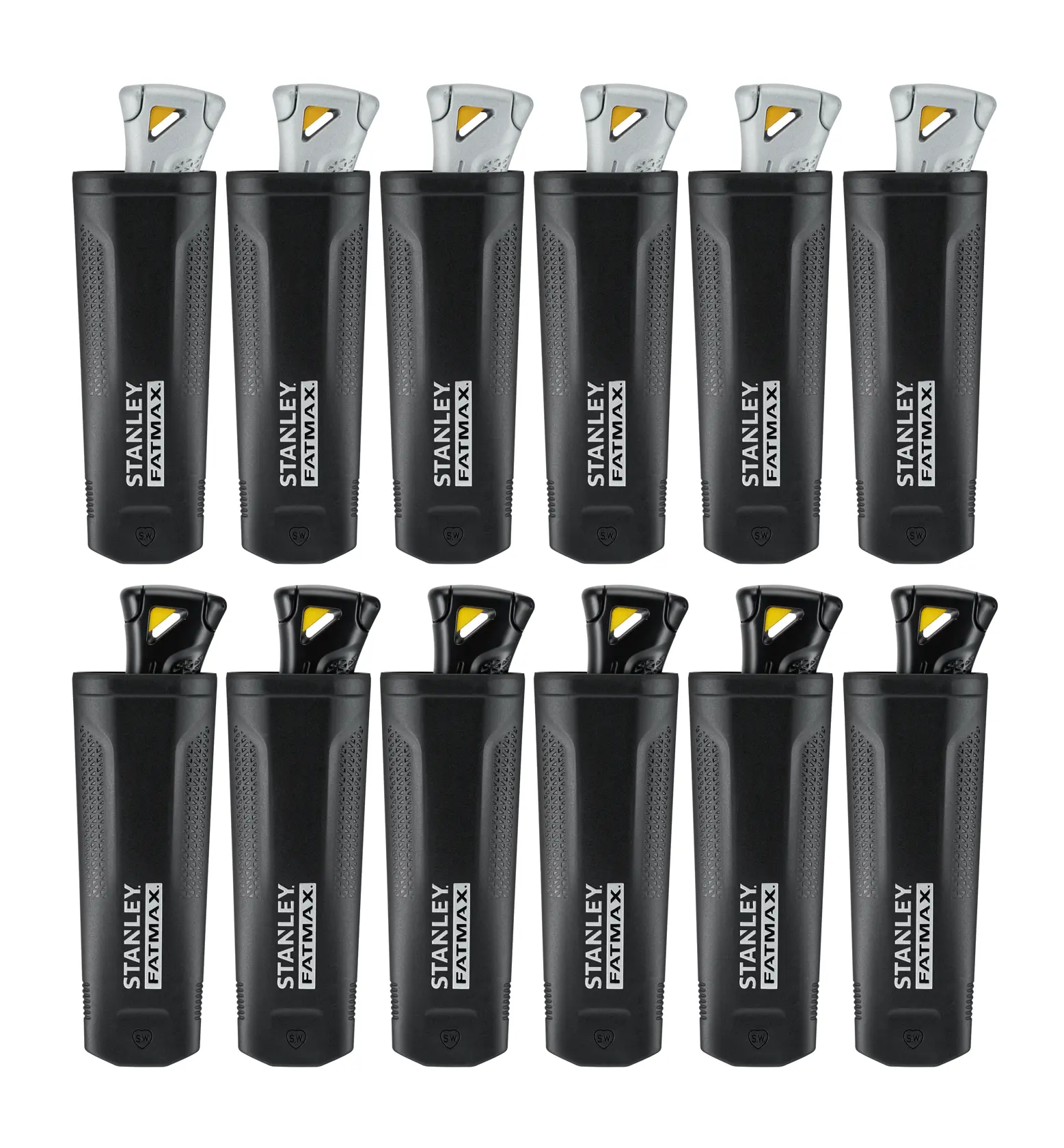Photo of twelve STANLEY FATMAX FMHT10502-9 utility knives in black shown from front on white background.