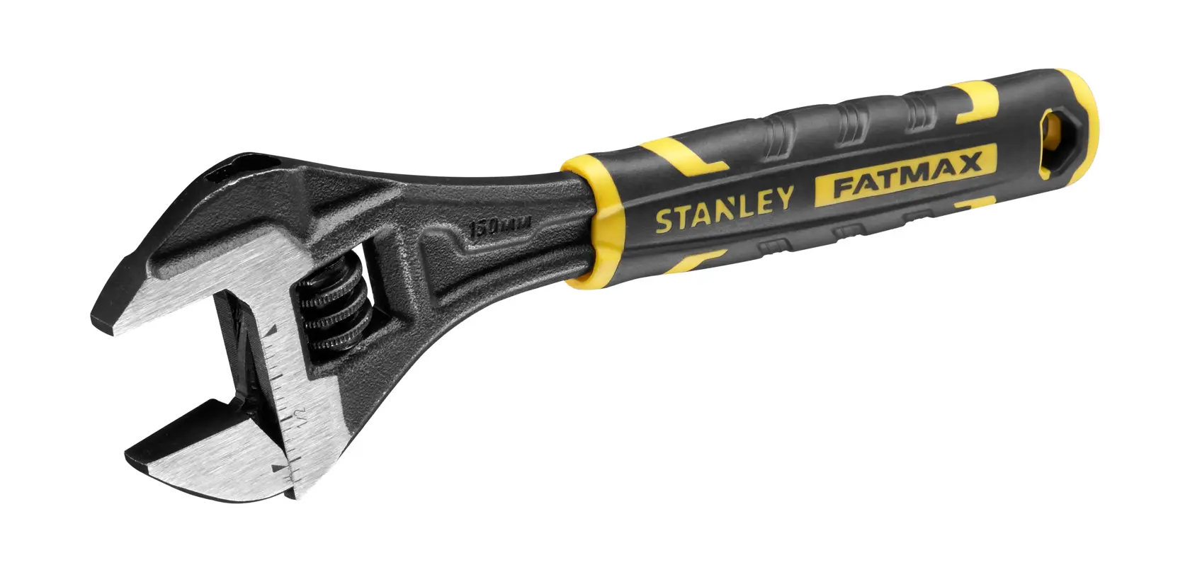 Stanley Fatmax adjustable wrench with black and yellow handle, shown against a white background.