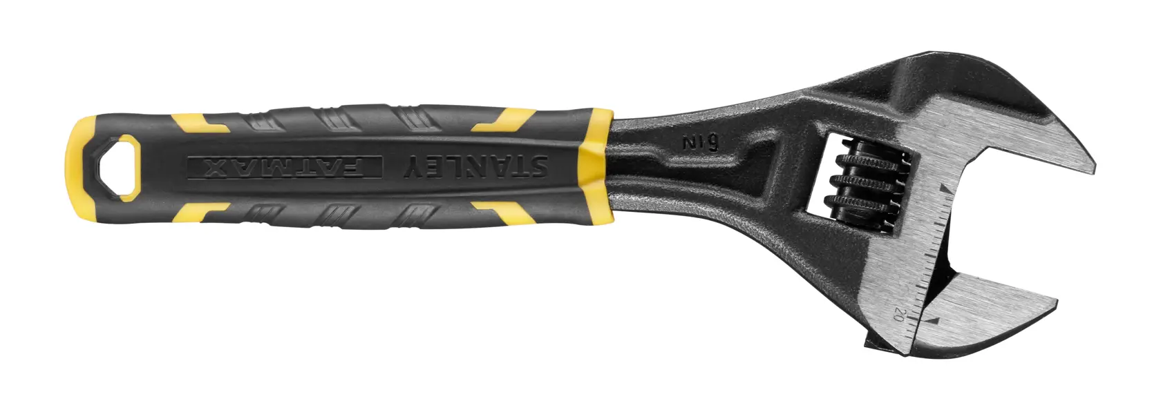 Adjustable wrench with black and yellow Stanley handle. Used for tightening or loosening nuts and bolts.