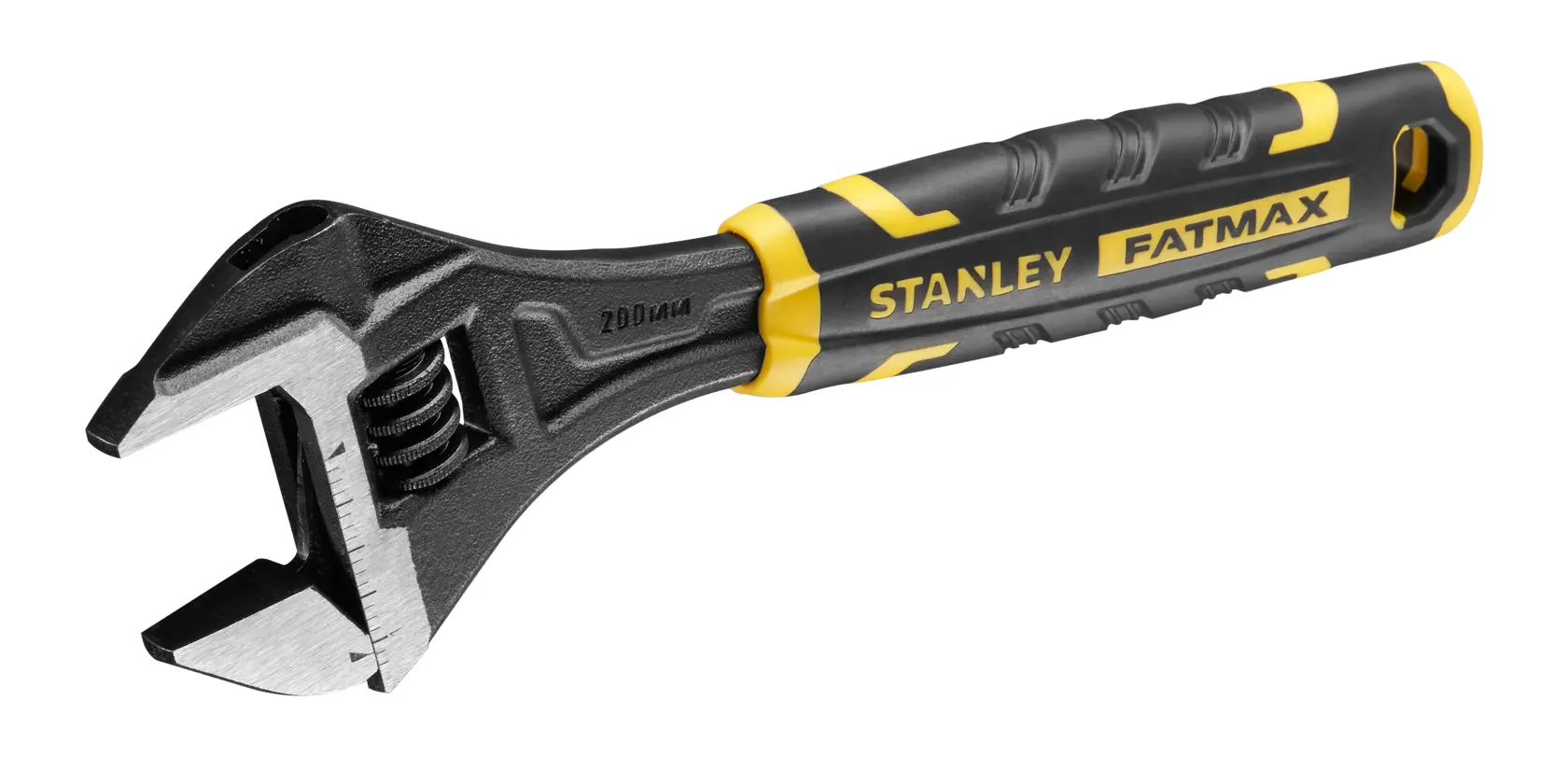 Stanley Fatmax adjustable wrench with black and yellow handle and metal jaws on white background.