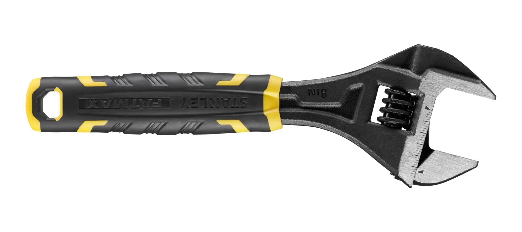 Stanley adjustable wrench with black and yellow handle, metal jaw, suitable for tightening or loosening bolts.