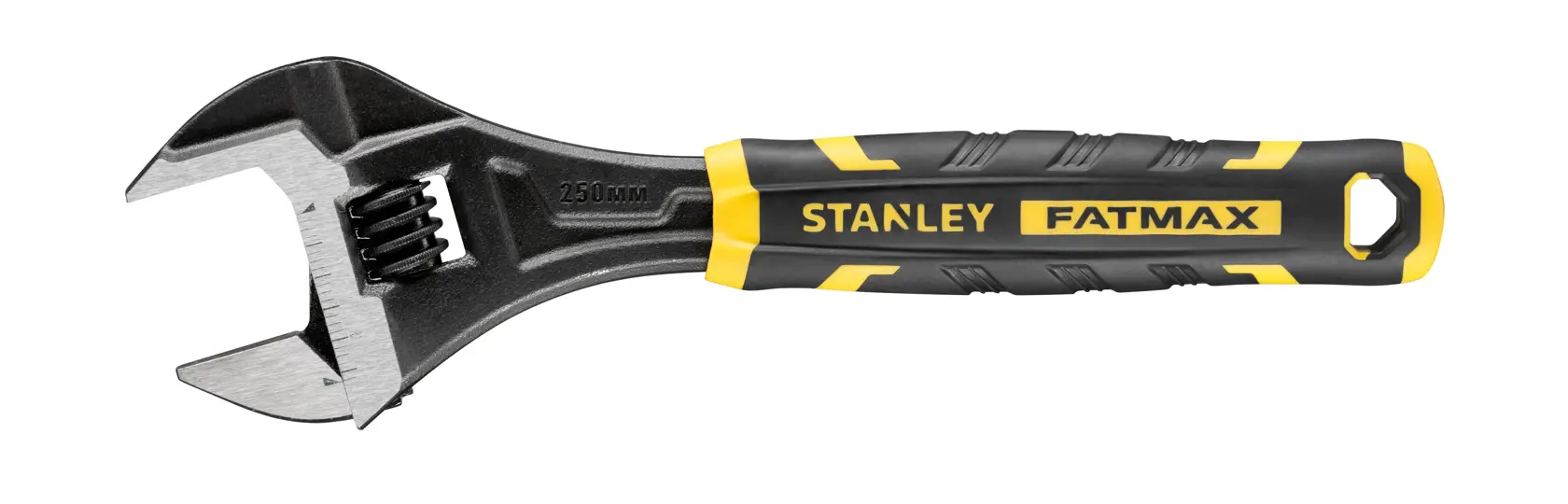 Stanley Fatmax adjustable wrench with black and yellow handle, metal jaw, and ergonomic grip.