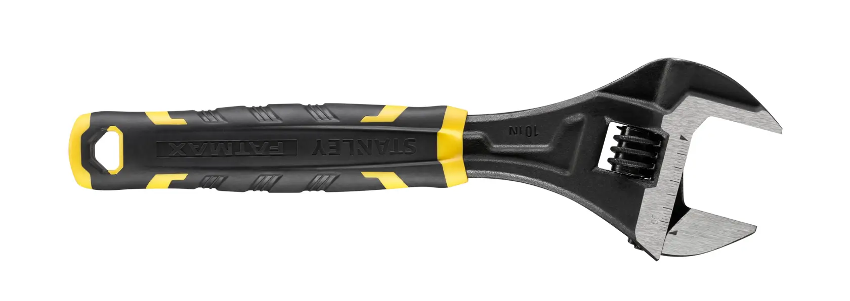 Stanley adjustable wrench with black and yellow handle, shown on a white background.
