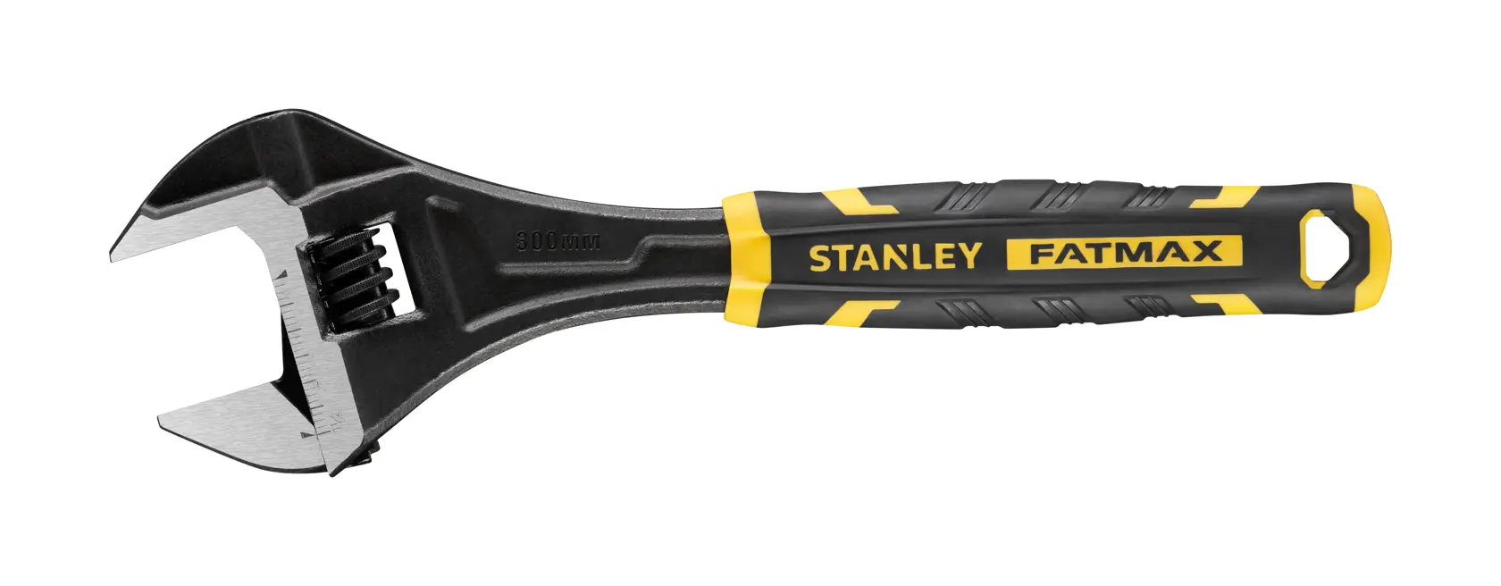 Stanley Fatmax adjustable wrench FMHT13128-0, black and yellow handle, side view on white background.