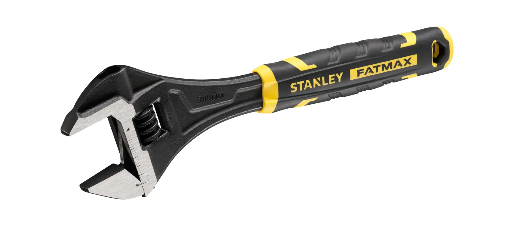 Stanley FATMAX adjustable wrench with black and yellow handle, used for tightening nuts and bolts.