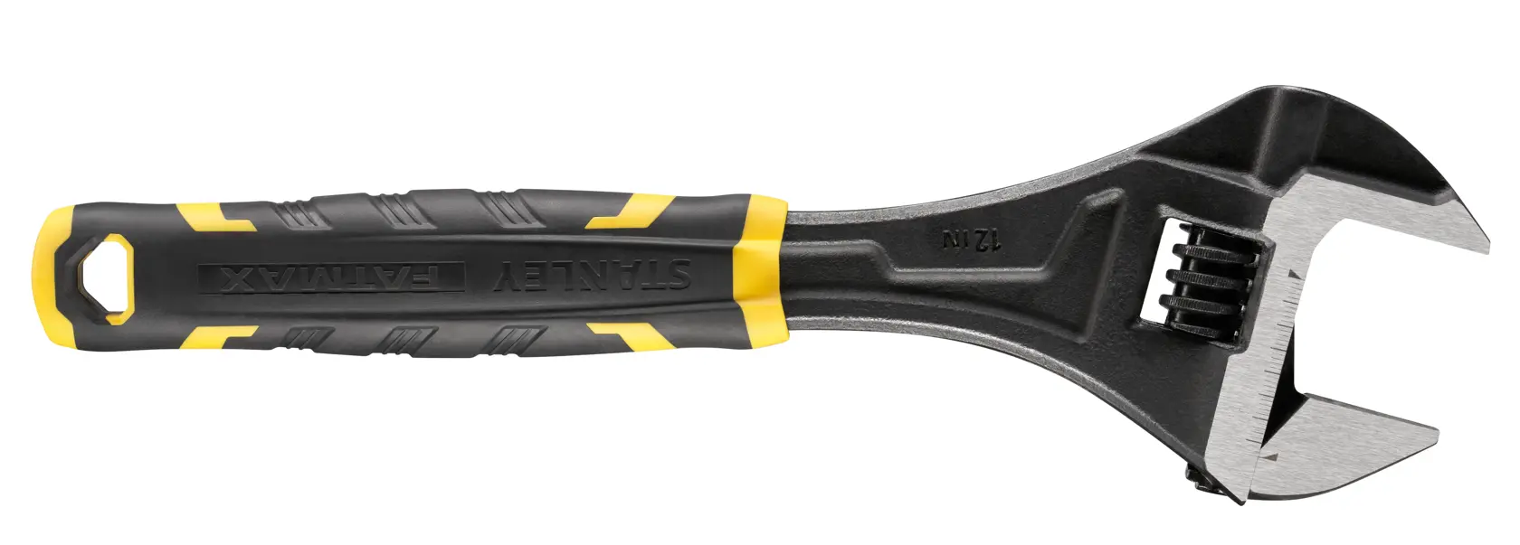 Stanley adjustable wrench with black and yellow handle, used for tightening and loosening nuts and bolts.
