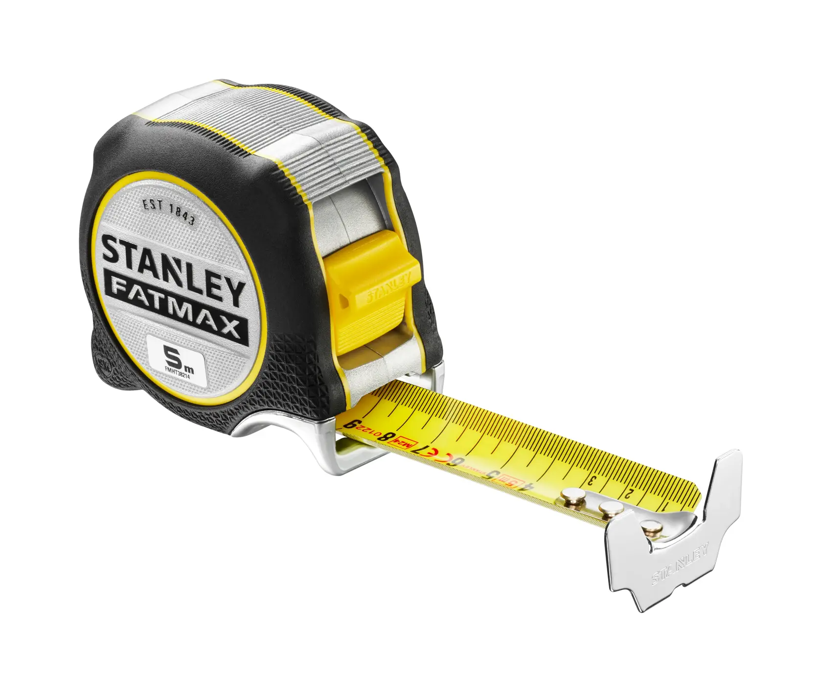 STANLEY FATMAX FMHT38214-0 Maßband, 5 Meter, gelbes Band, Gummigehäuse, Frontansicht auf weißem Hintergrund.