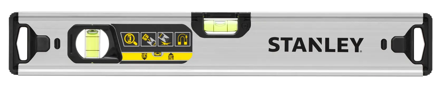 STANLEY FMHT43671-1 box level with aluminum body, three vials, and black end caps, front angle on white background.