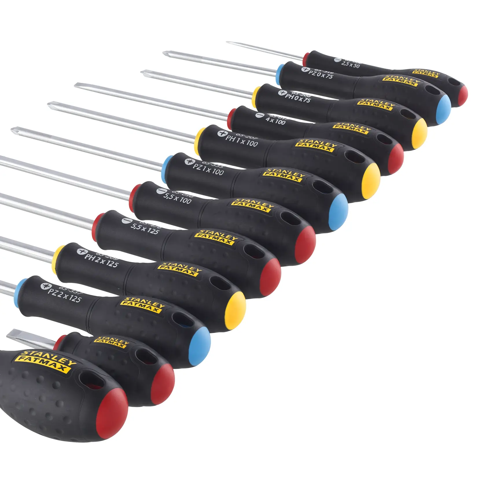 Stanley Fatmax set of ten screwdrivers with black handles and colored ends, arranged in a row.