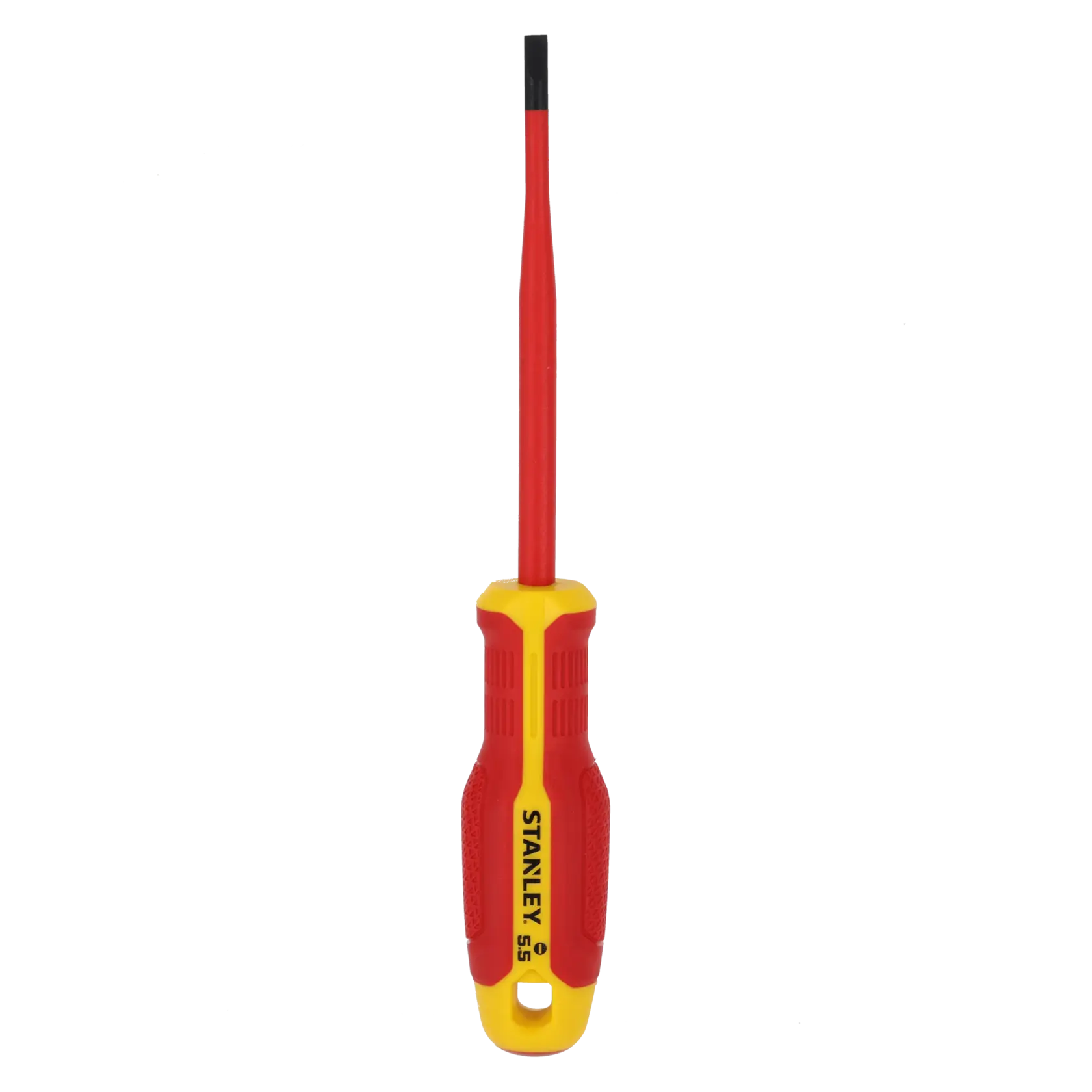 STANLEY FMHT65753-0 insulated flathead screwdriver, red and yellow handle, photographed from front on white background.