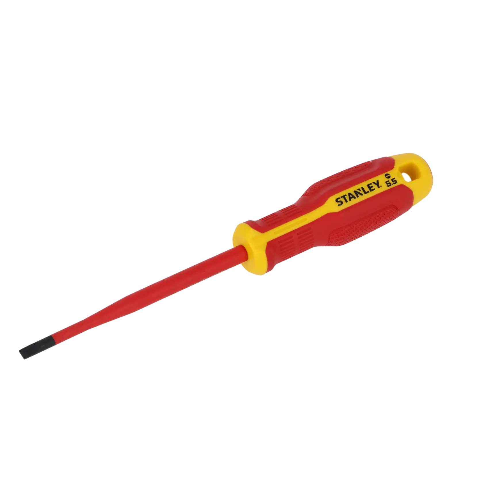 STANLEY FMHT65753-0 insulated slotted screwdriver, red and yellow handle, side view on white background.