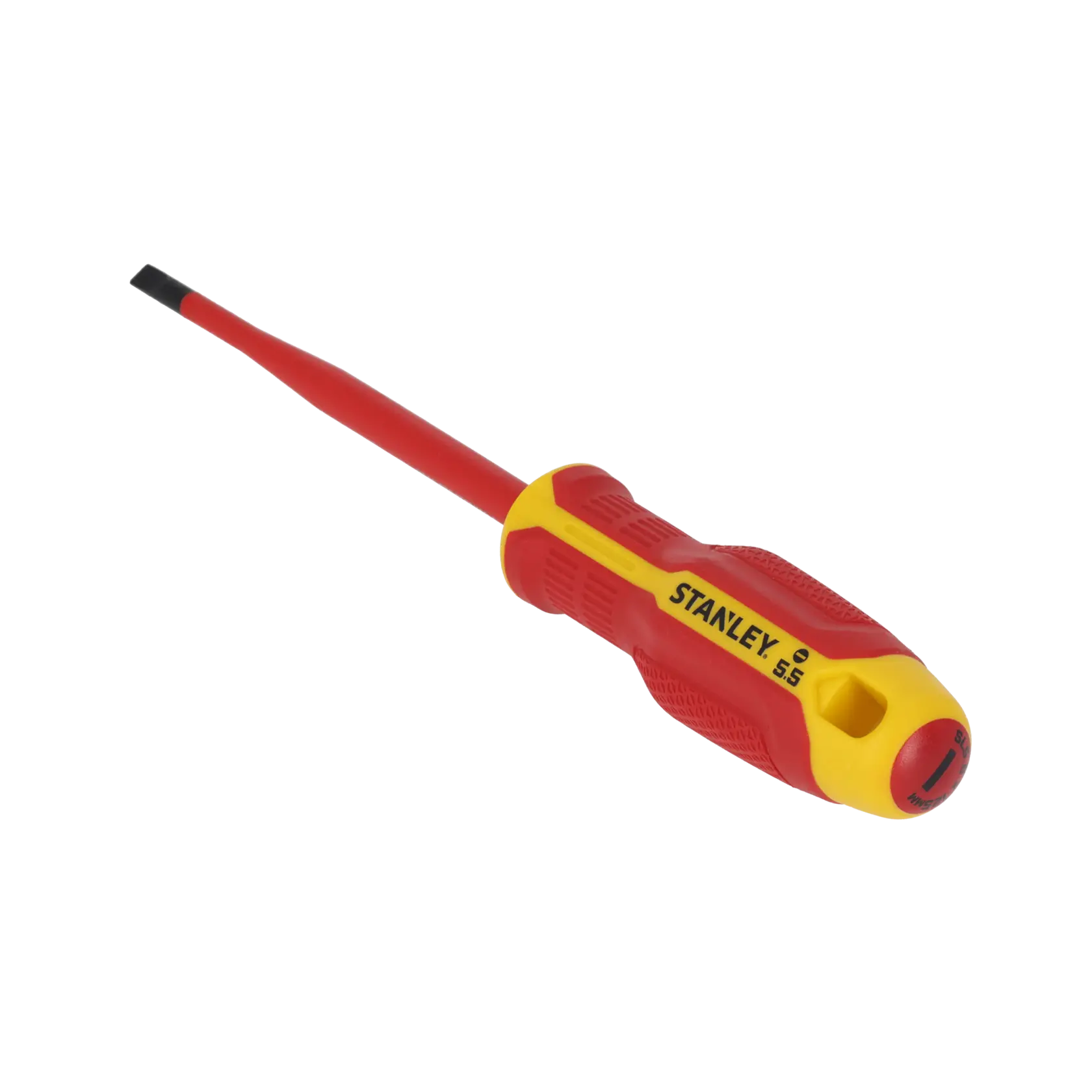 STANLEY FMHT65753-0 insulated slotted screwdriver with red and yellow handle, angled on white background.