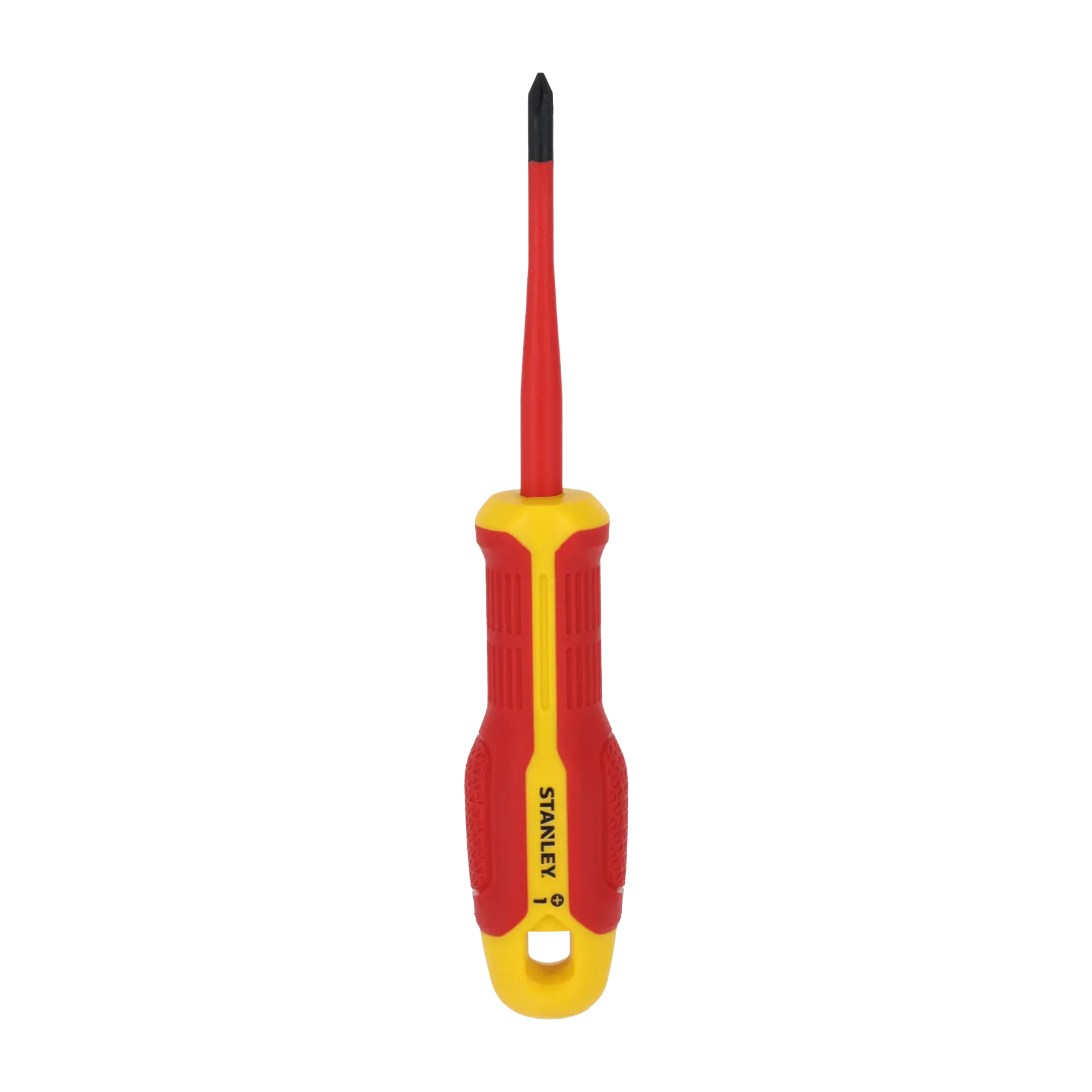 STANLEY FMHT65755-0 insulated Phillips screwdriver with red and yellow handle, front view, white background.