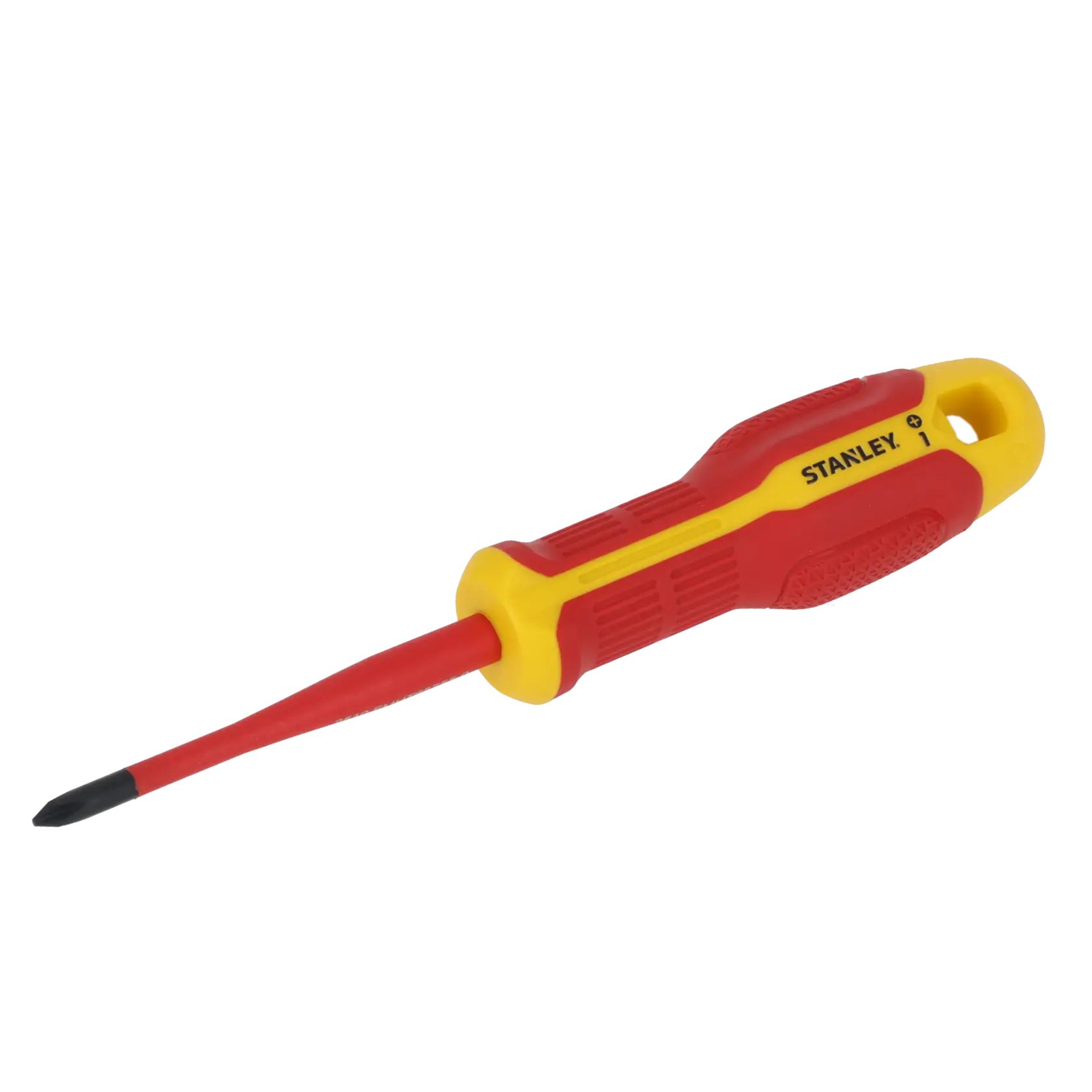 STANLEY FMHT65755-0 insulated Phillips screwdriver with red and yellow handle, side angle.