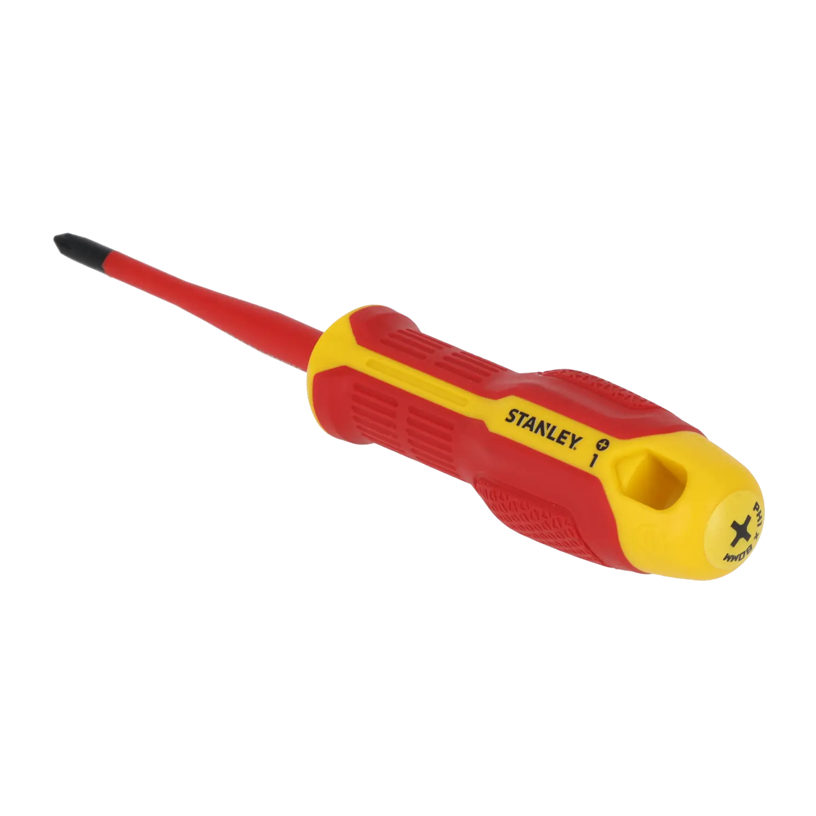 Photo of STANLEY FMHT65755-0 insulated Phillips screwdriver, red and yellow handle, angled on white background.