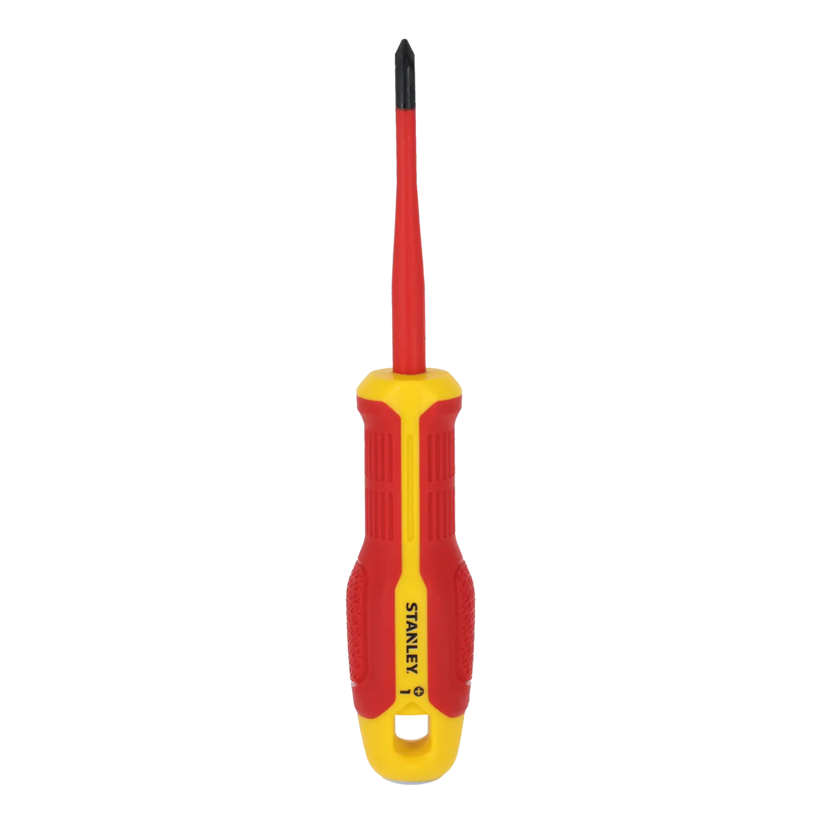 STANLEY FMHT65758-0 insulated Phillips screwdriver, red and yellow handle, front angle on white background.