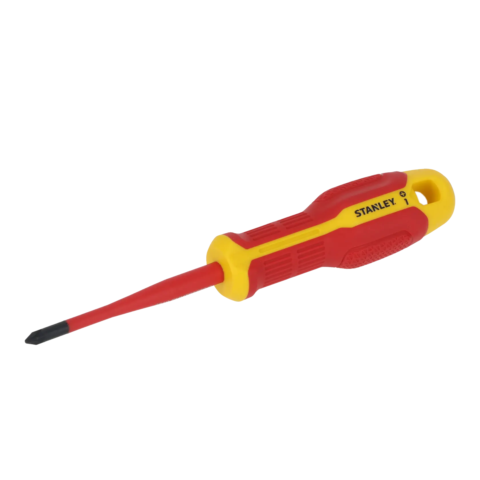 STANLEY FMHT65758-0 insulated Phillips screwdriver with red and yellow handle, angled view, on white background.