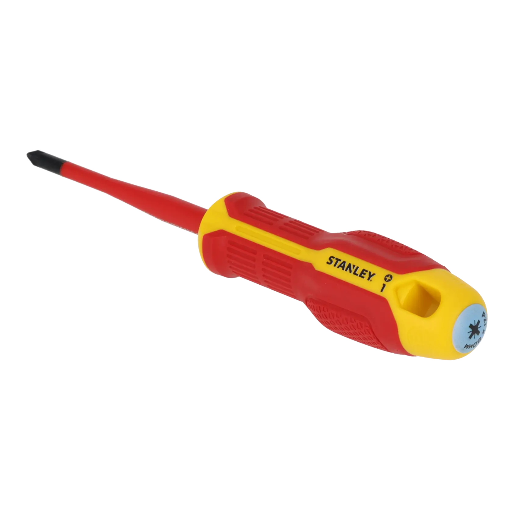 STANLEY FMHT65758-0 insulated Phillips screwdriver with red and yellow handle, front angle, white background.