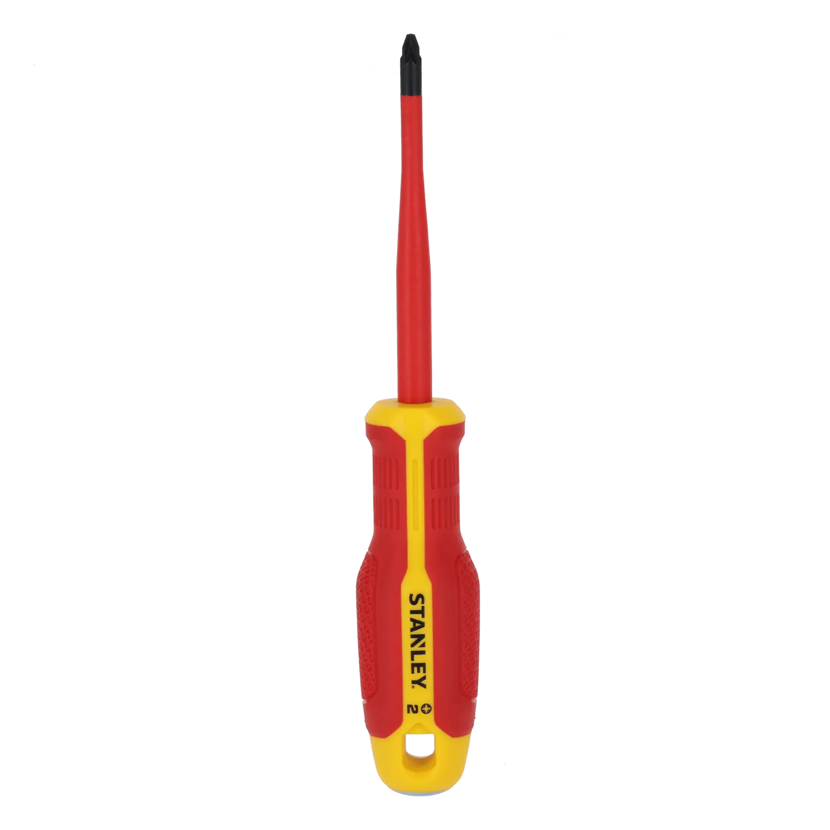 STANLEY FMHT65759-0 insulated Phillips screwdriver with red and yellow handle, front angle on white background.