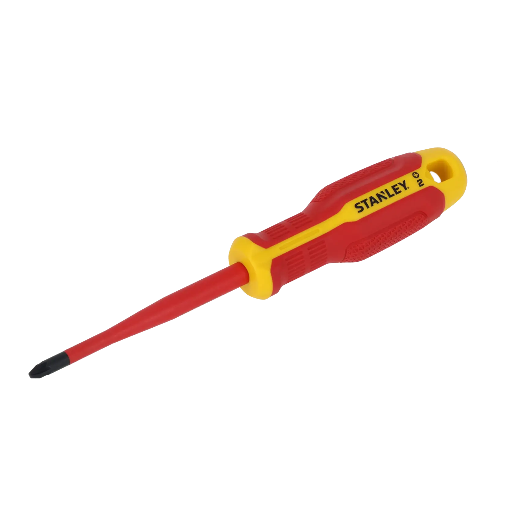 STANLEY FMHT65759-0 insulated Phillips screwdriver with red and yellow handle, side angle, on white background.