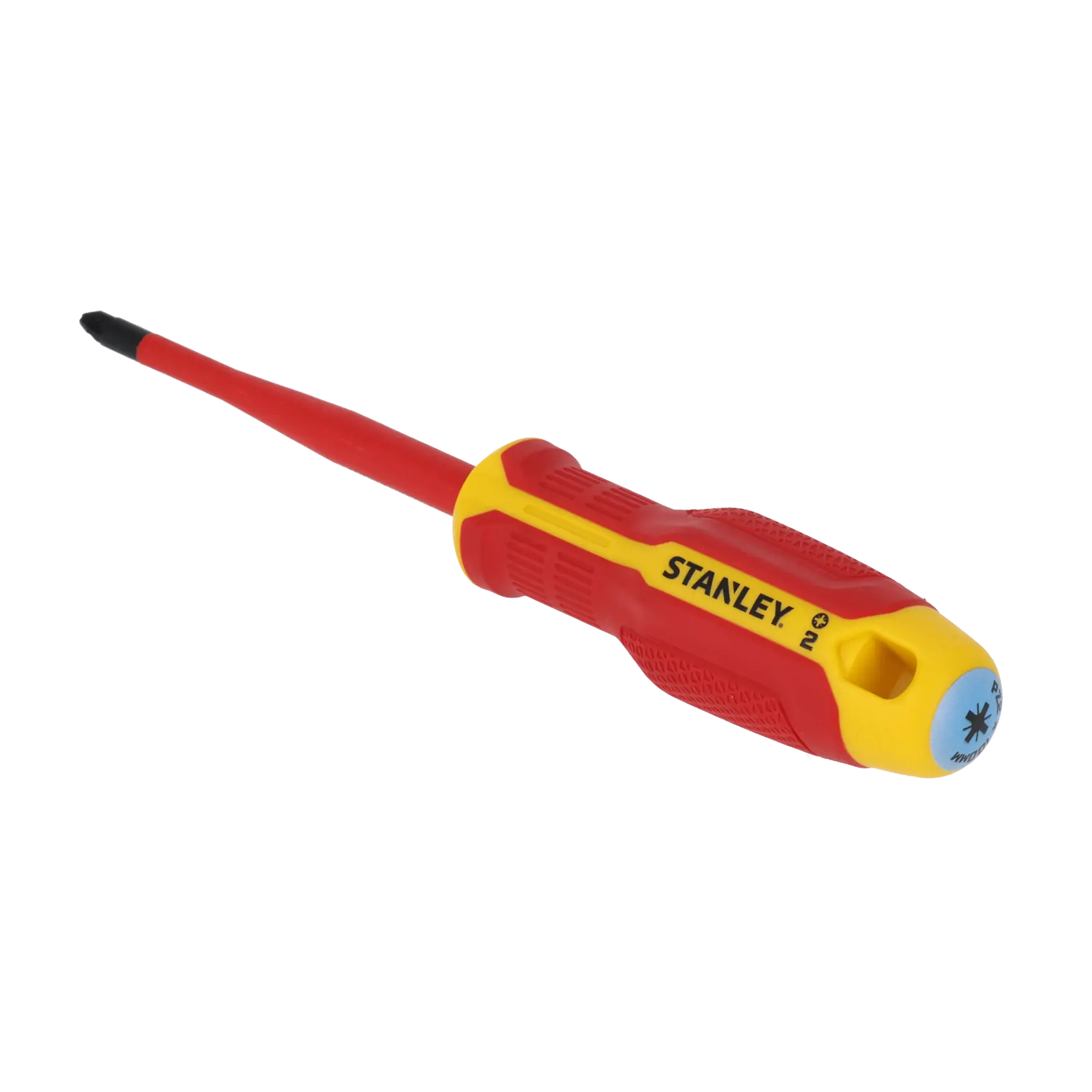 STANLEY FMHT65759-0 insulated Phillips screwdriver, red and yellow, front angle on white background.