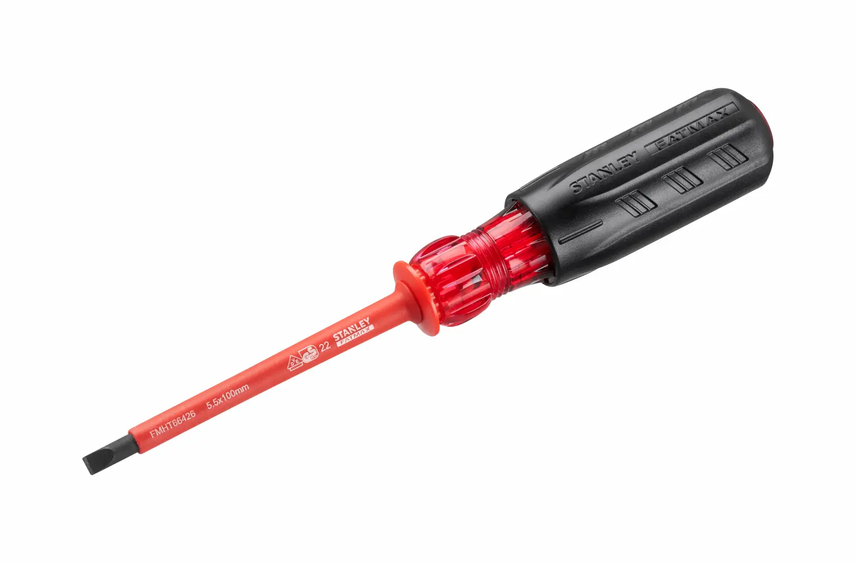 STANLEY FMHT66426-0 insulated flathead screwdriver with a black and red handle, product on white background.